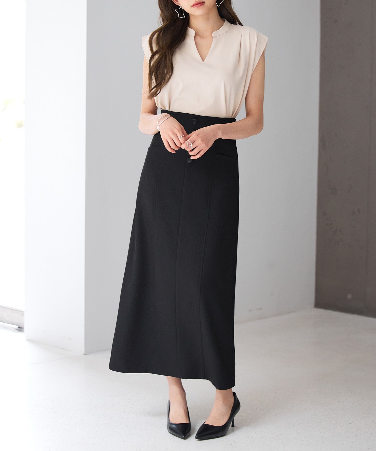 フロントボタンハイウエストスカートsdp0293 ブラック