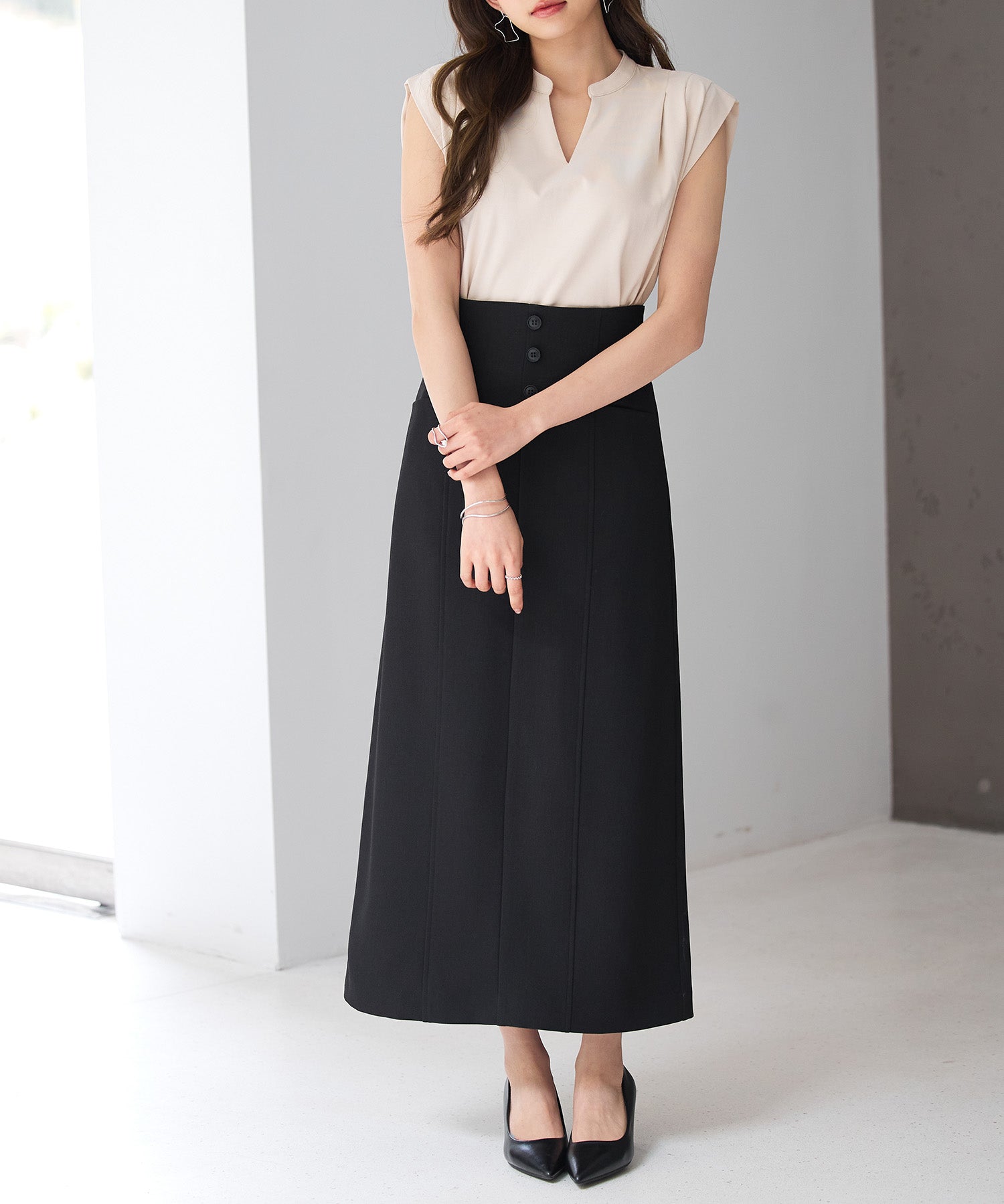 フロントボタンハイウエストスカートsdp0293 ブラック