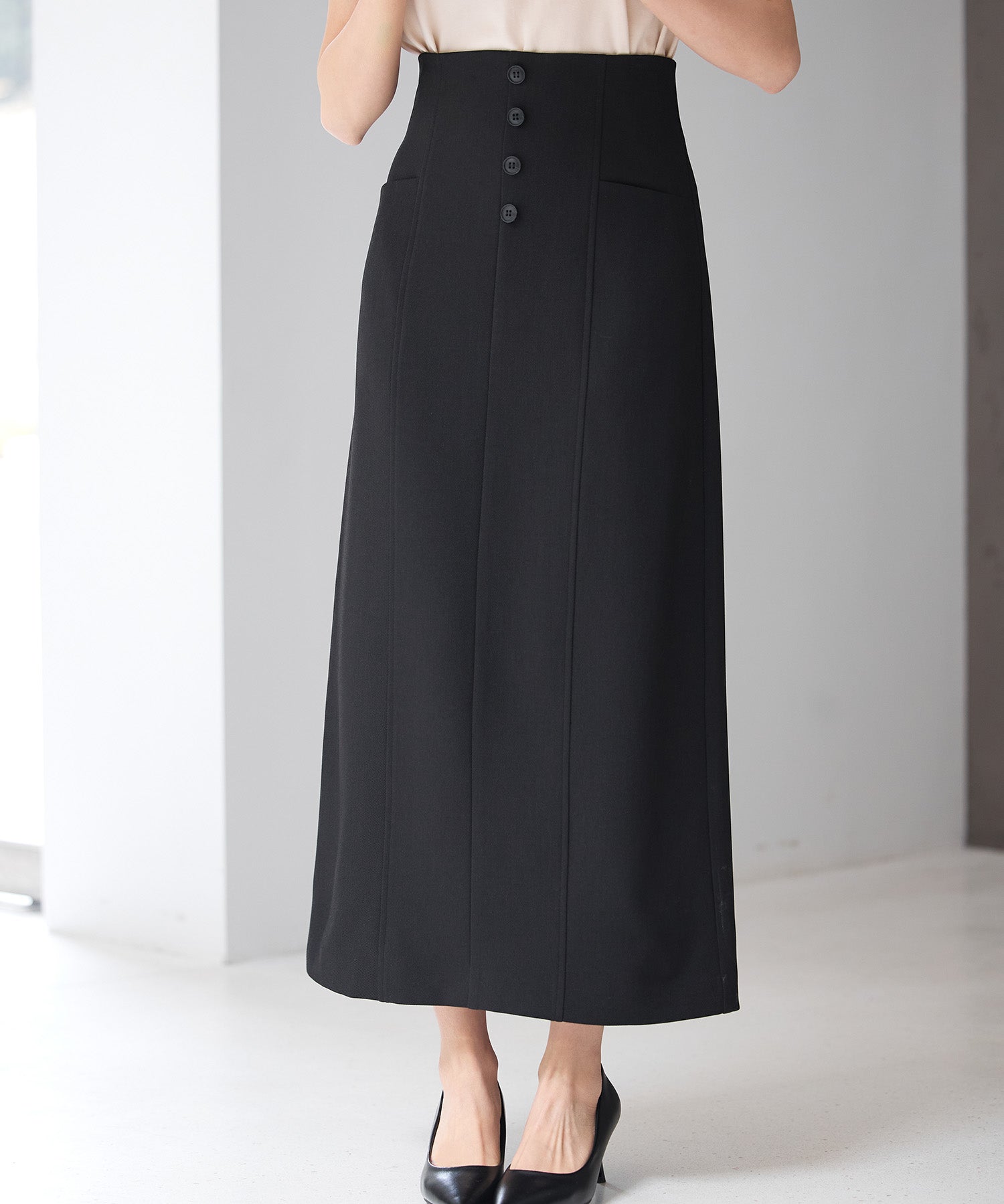 フロントボタンハイウエストスカートsdp0293 ブラック