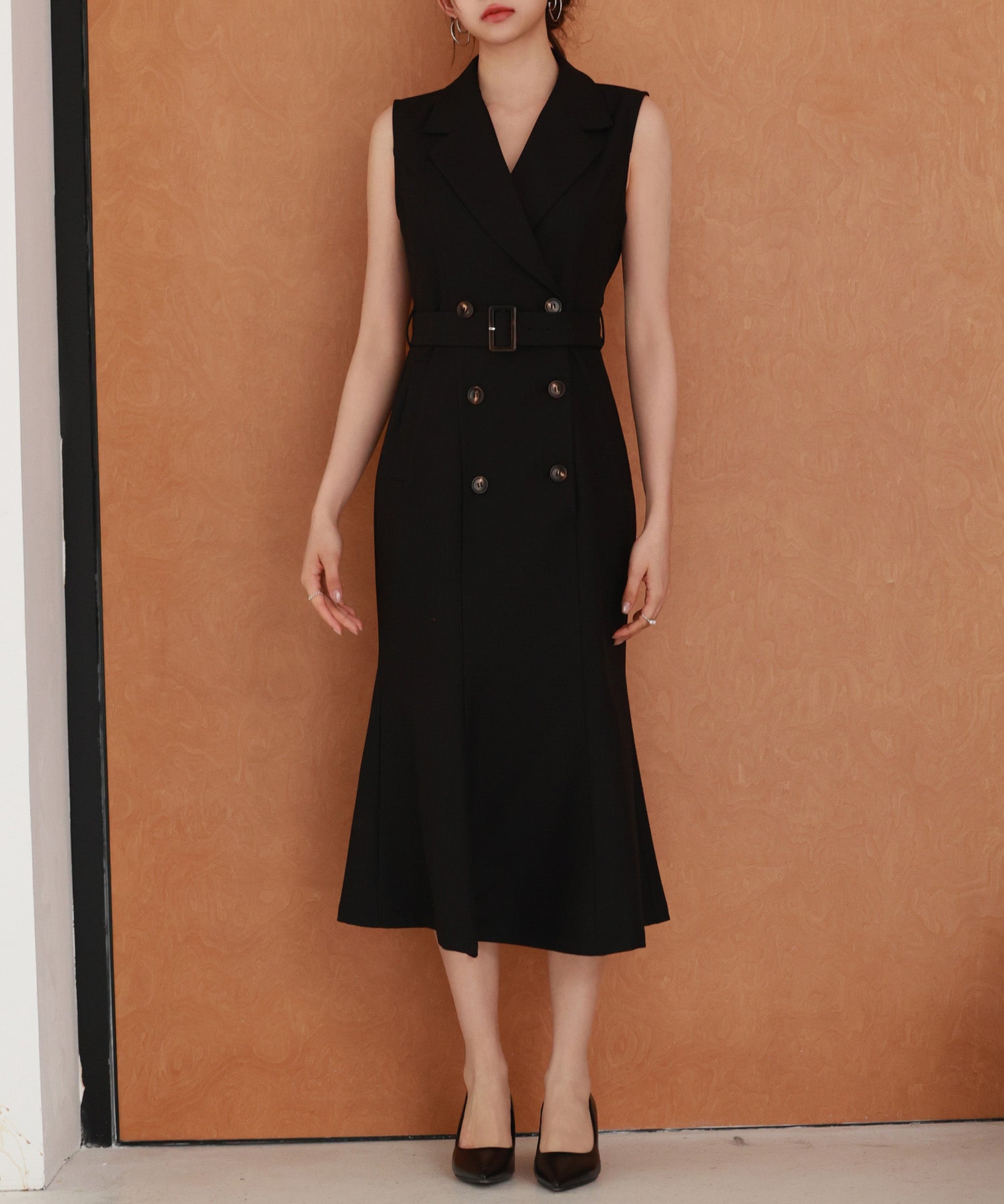 ノースリーブマーメイドトレンチ風ワンピースsdp0294 ブラック