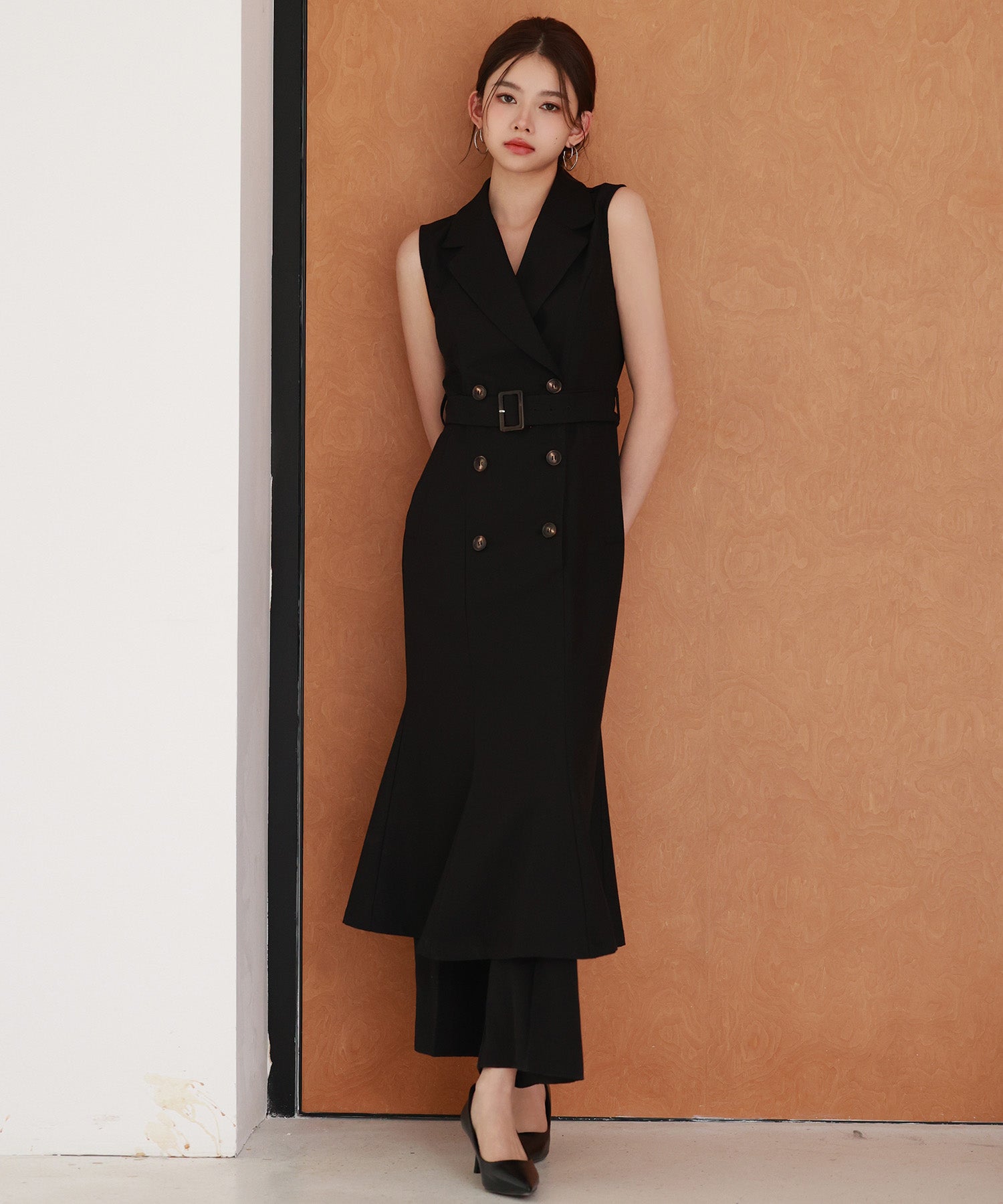 ノースリーブマーメイドトレンチ風ワンピースsdp0294 ブラック