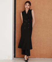 ノースリーブマーメイドトレンチ風ワンピースsdp0294 ブラック