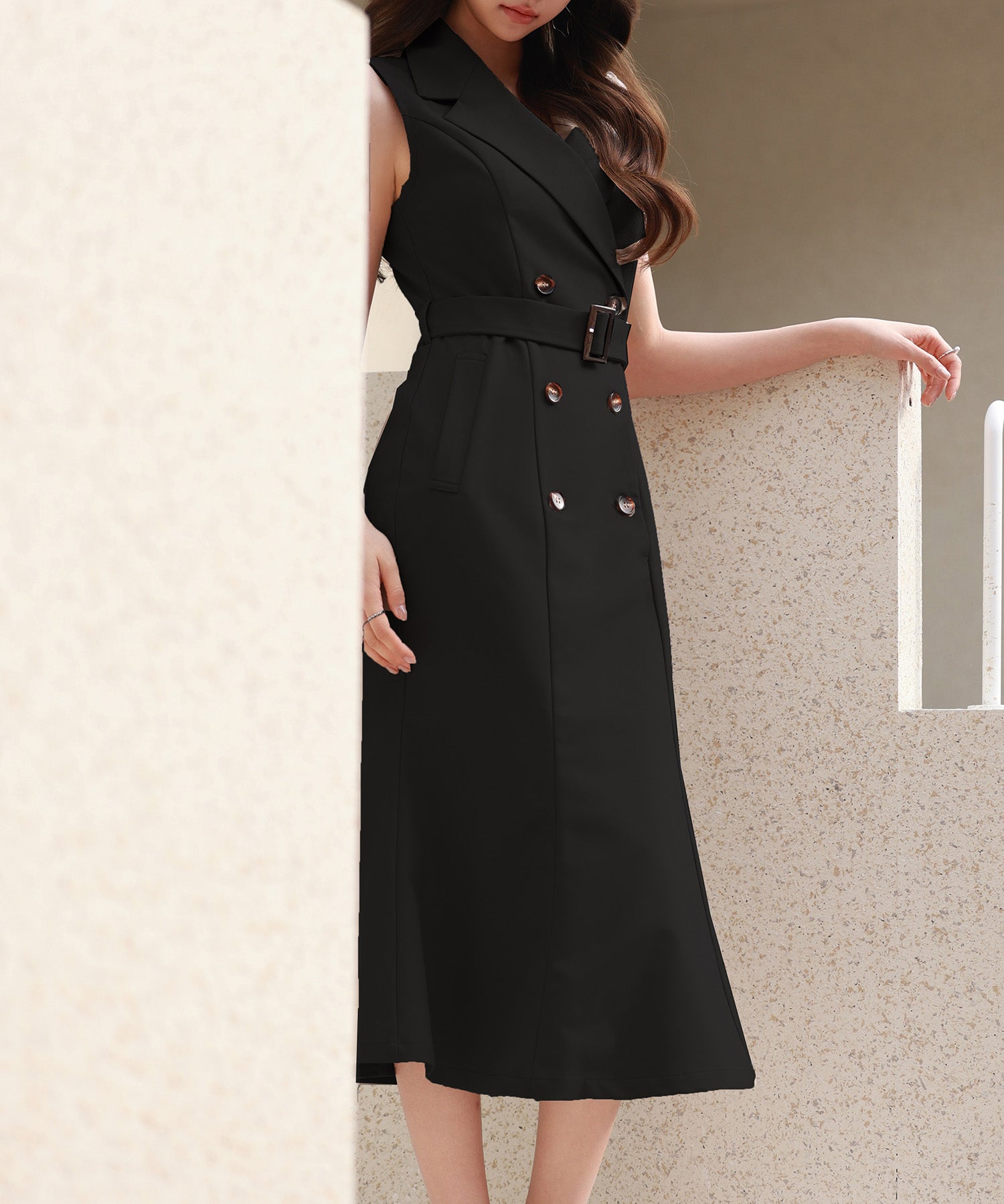 ノースリーブマーメイドトレンチ風ワンピースsdp0294 ブラック