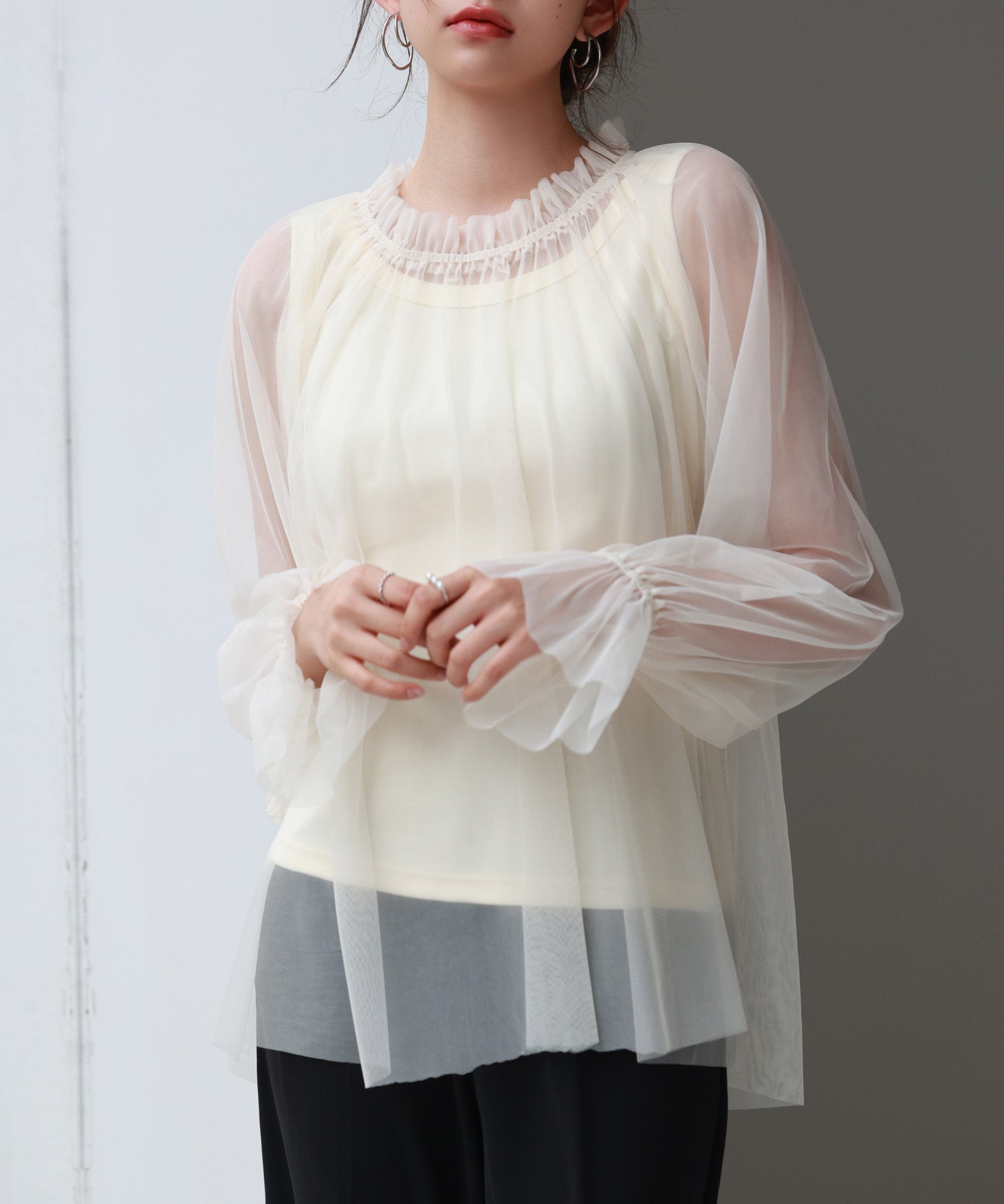 ノースリーブカットソーとチュールブラウスの2点セットsdp0297 アイボリー