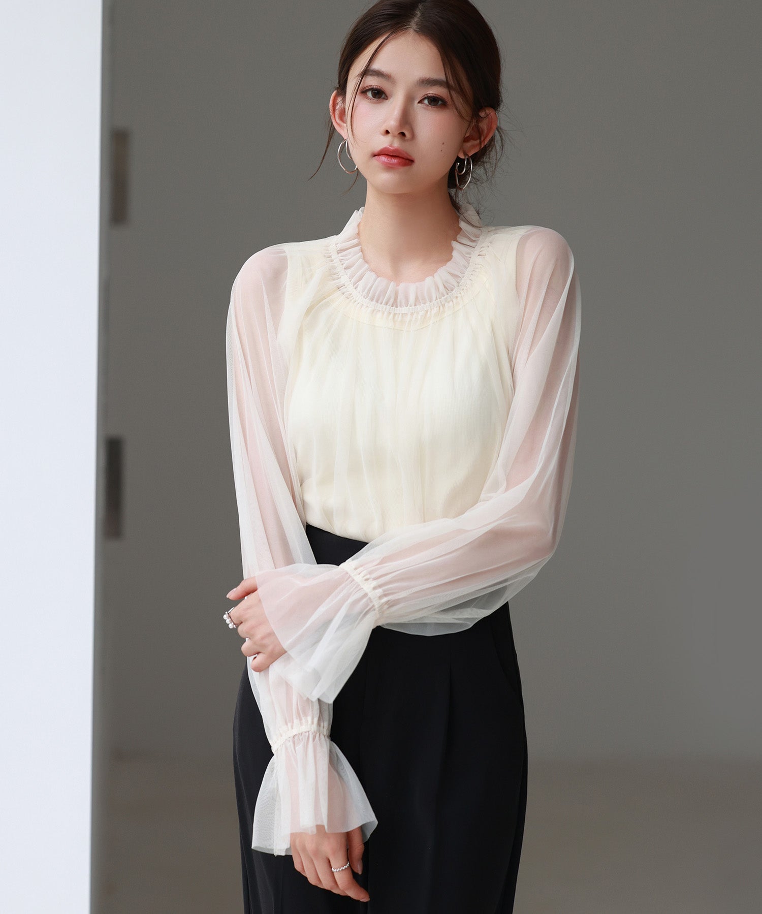 ノースリーブカットソーとチュールブラウスの2点セットsdp0297 アイボリー