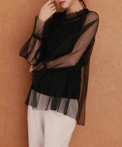 ノースリーブカットソーとチュールブラウスの2点セットsdp0297 ブラック