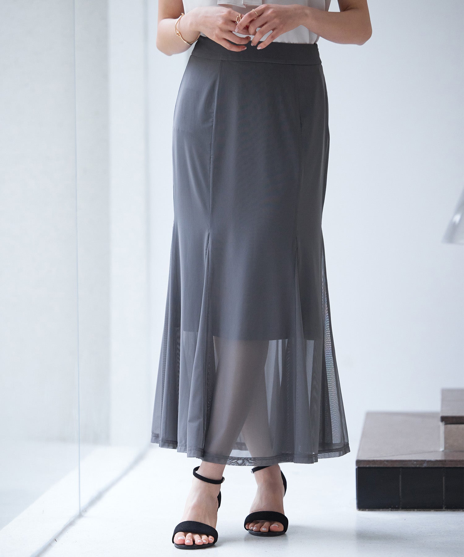 マーメイドチュールロングスカートsdp0298 チャコール