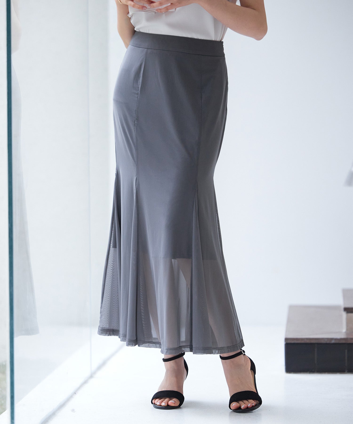 マーメイドチュールロングスカートsdp0298 チャコール