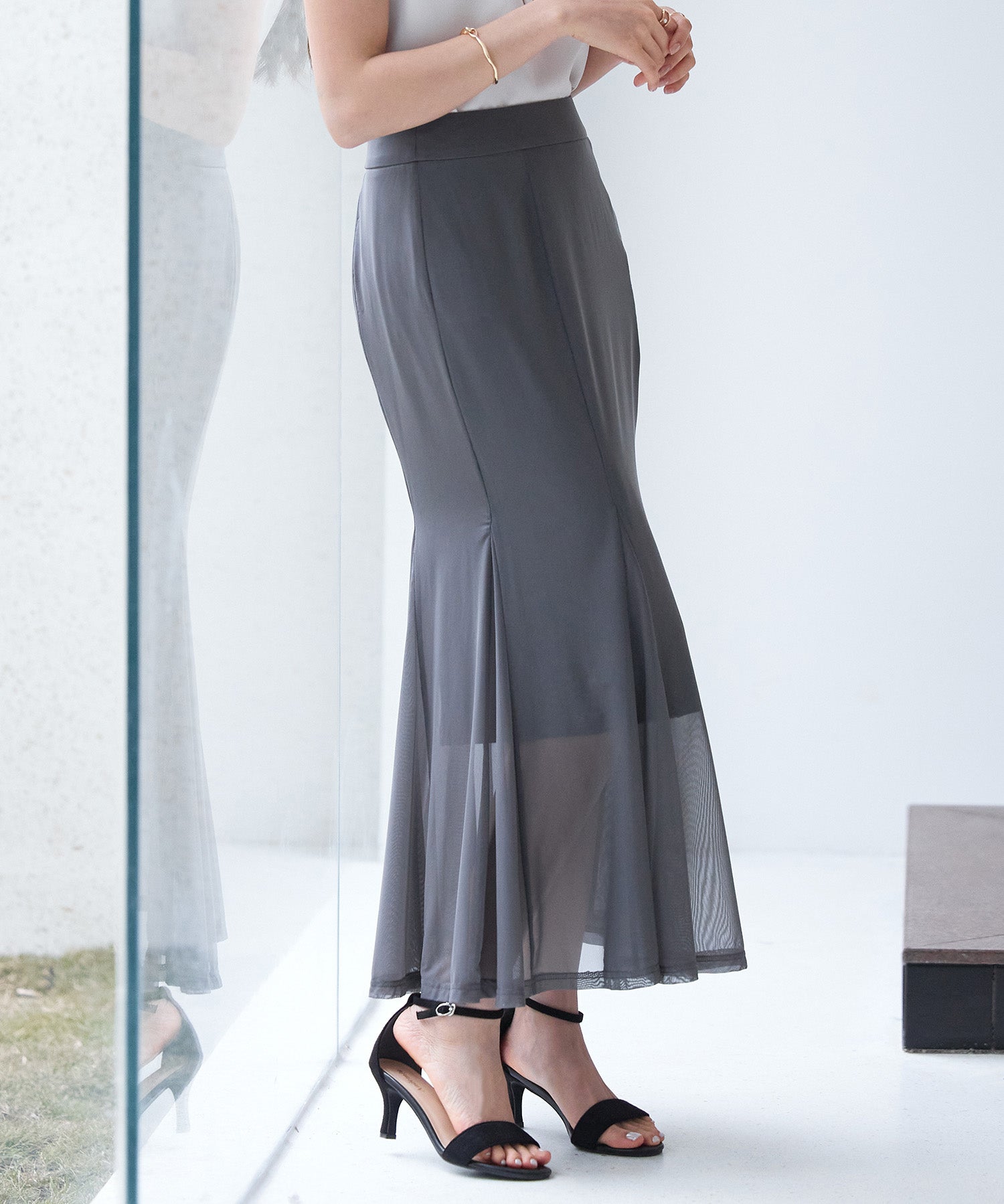 マーメイドチュールロングスカートsdp0298 チャコール