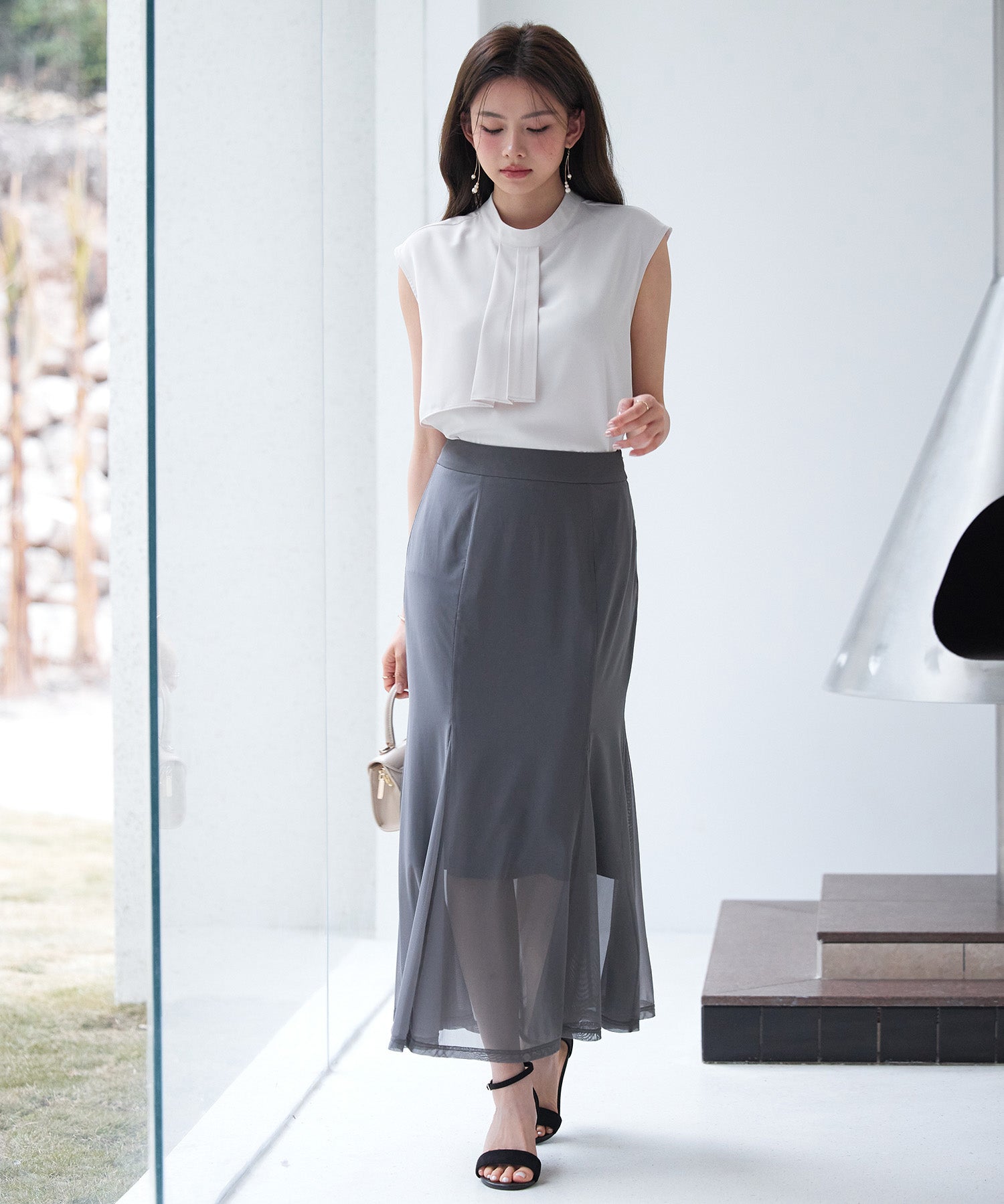 マーメイドチュールロングスカートsdp0298 チャコール