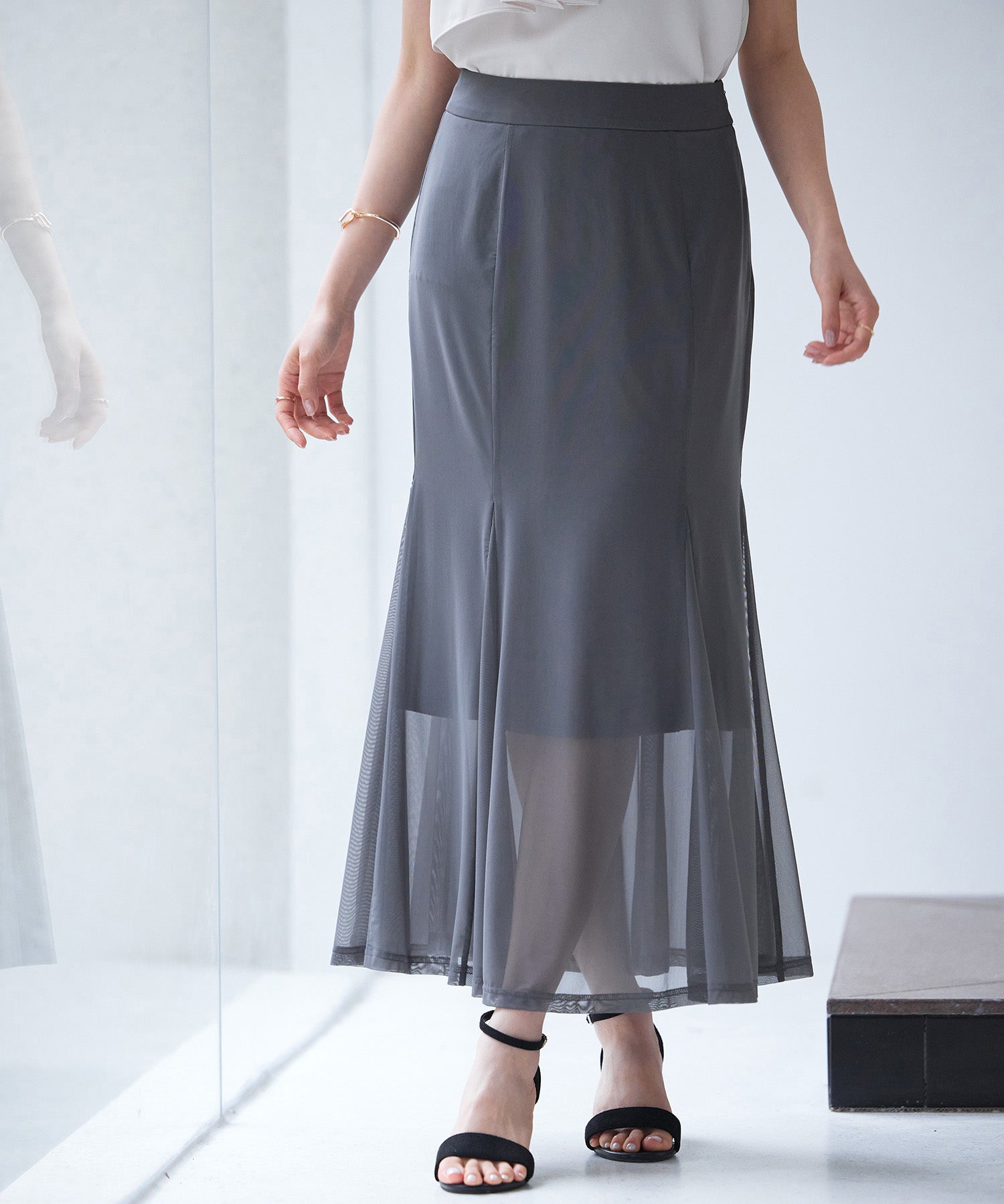 マーメイドチュールロングスカートsdp0298 チャコール