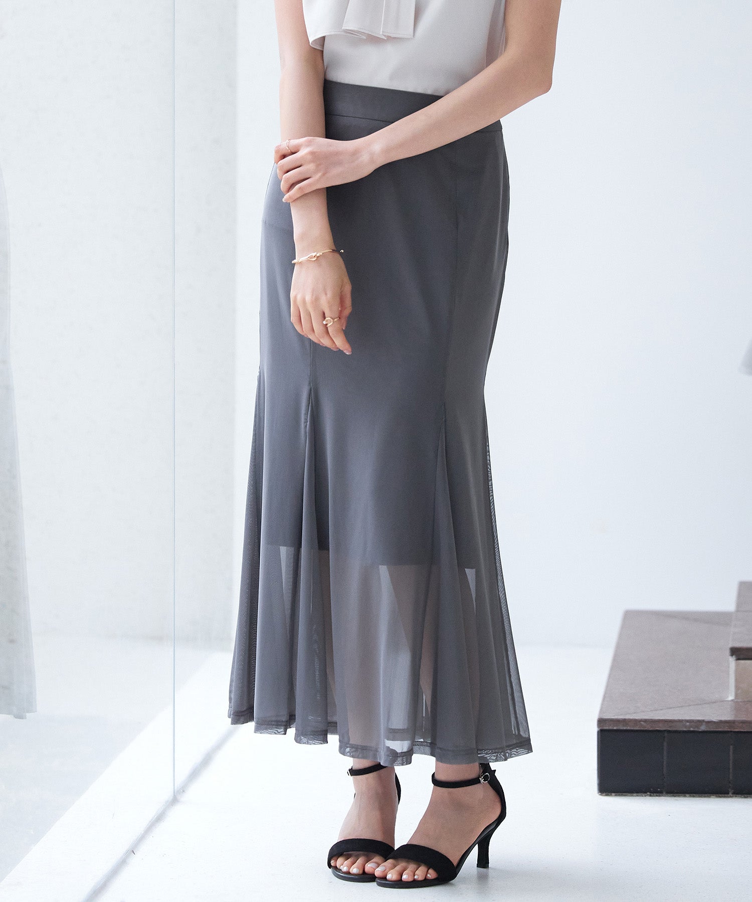 マーメイドチュールロングスカートsdp0298 チャコール