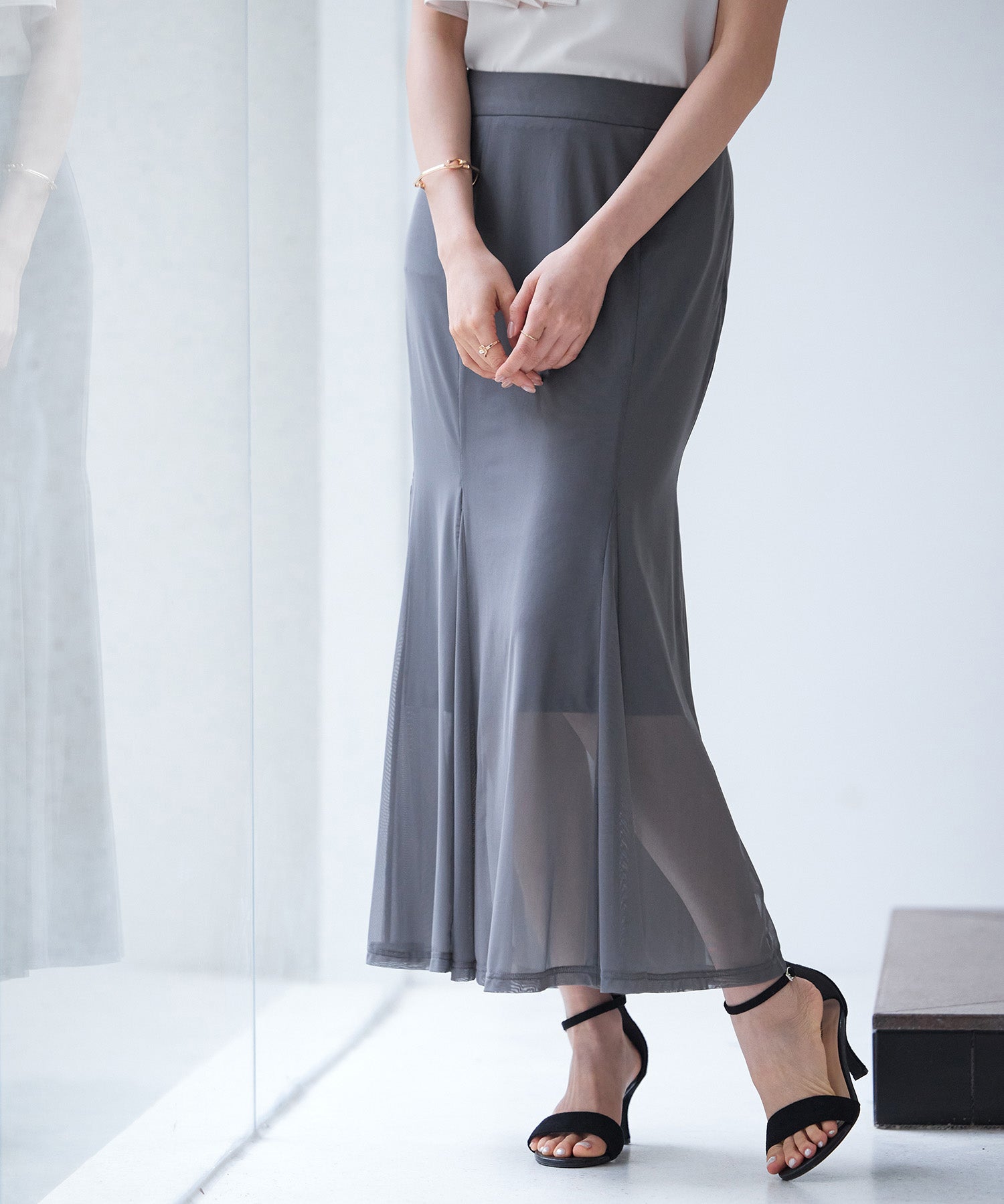 マーメイドチュールロングスカートsdp0298 チャコール