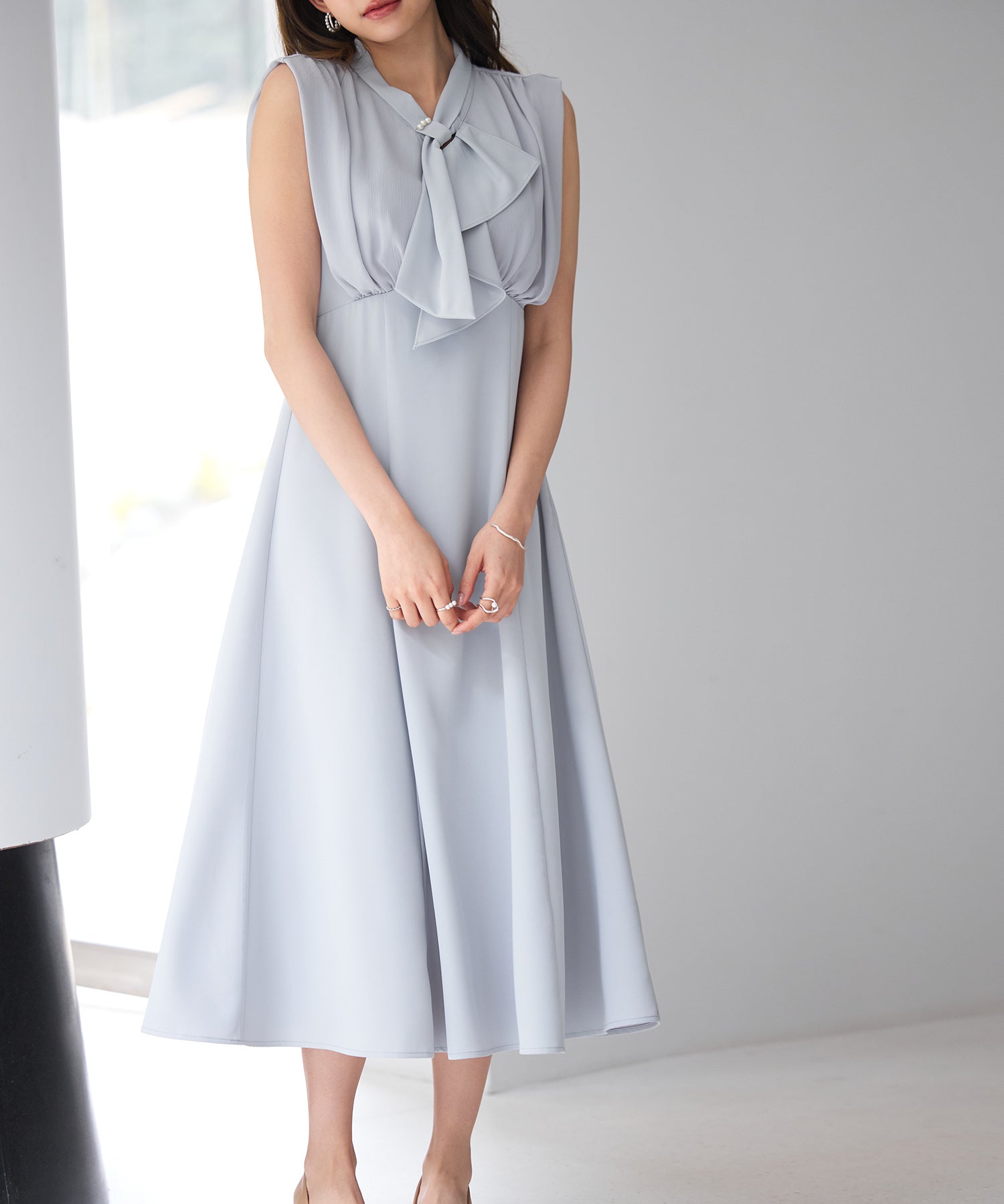 異素材ドッキングボウタイワンピースsdp0299 ブルーグレー