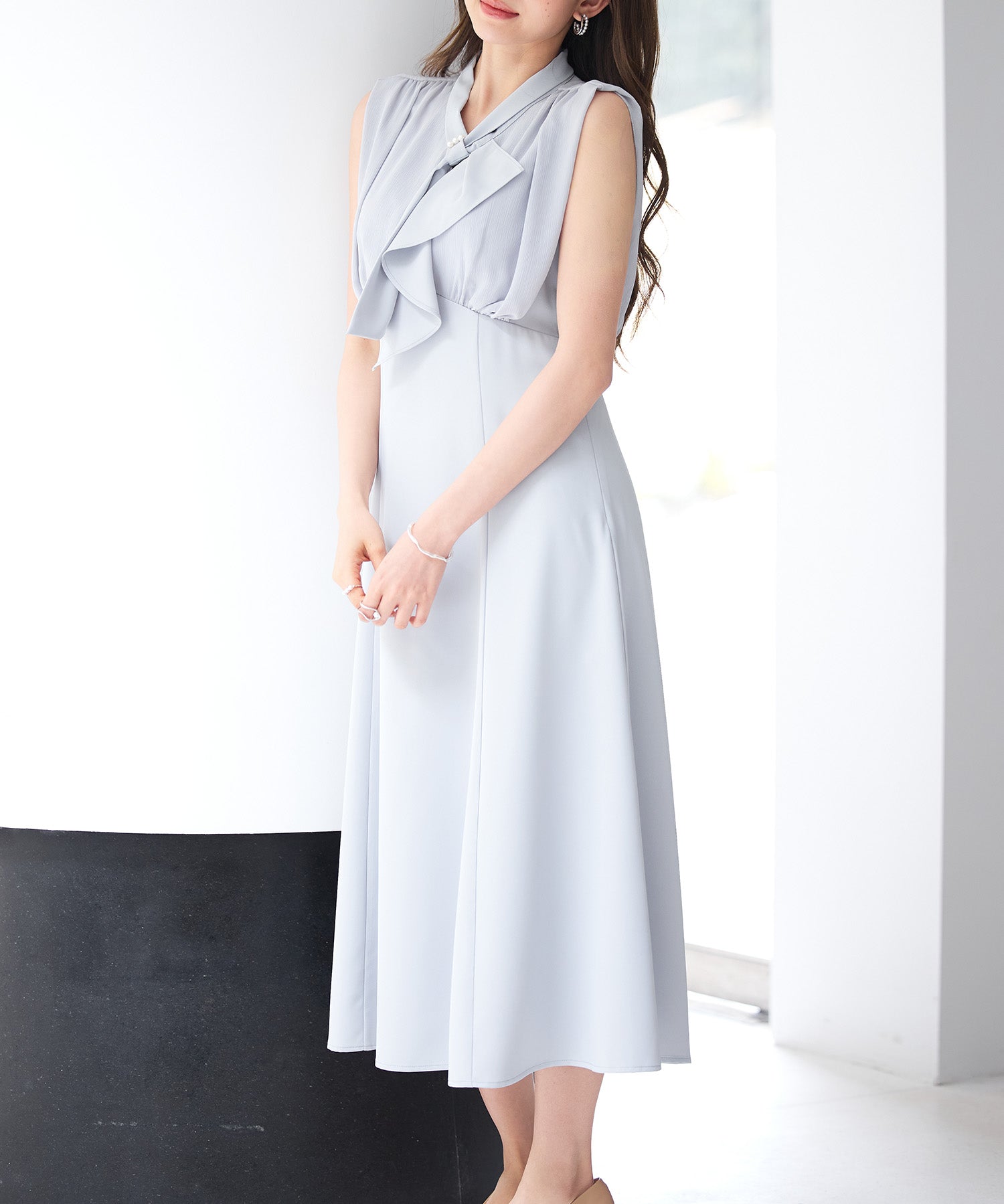 異素材ドッキングボウタイワンピースsdp0299 ブルーグレー