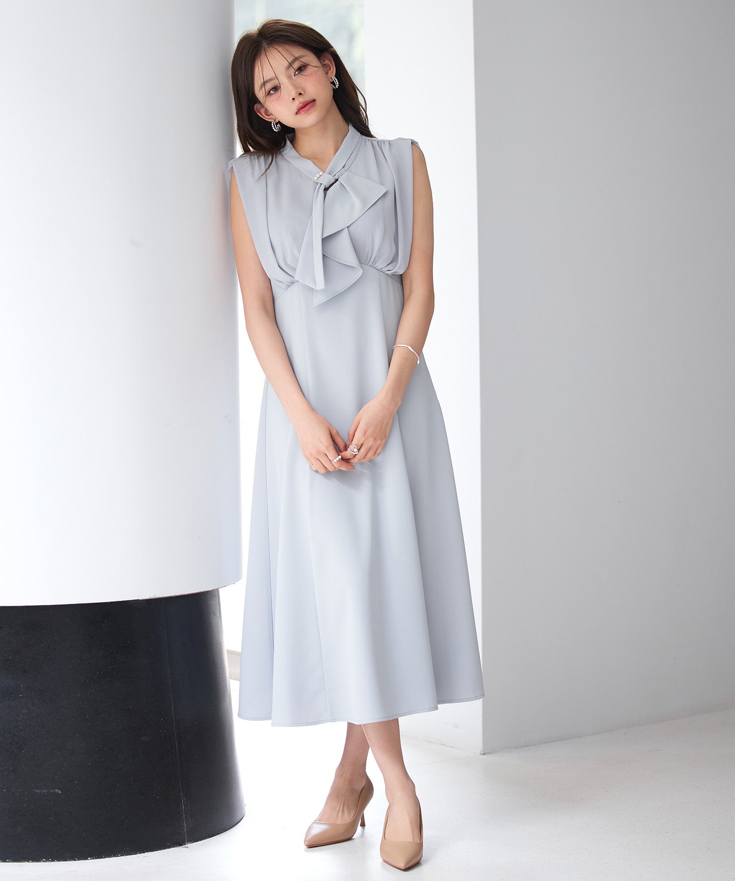 異素材ドッキングボウタイワンピースsdp0299 ブルーグレー