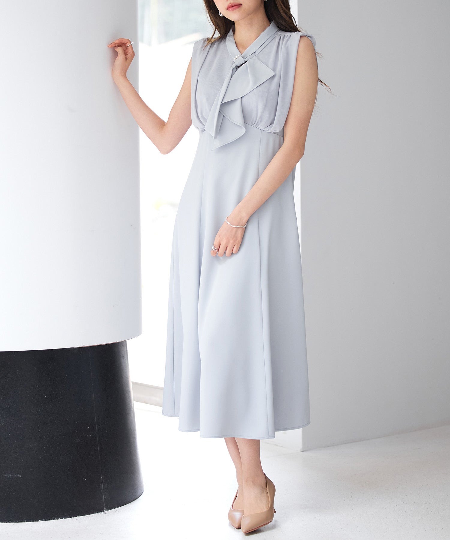 異素材ドッキングボウタイワンピースsdp0299 ブルーグレー