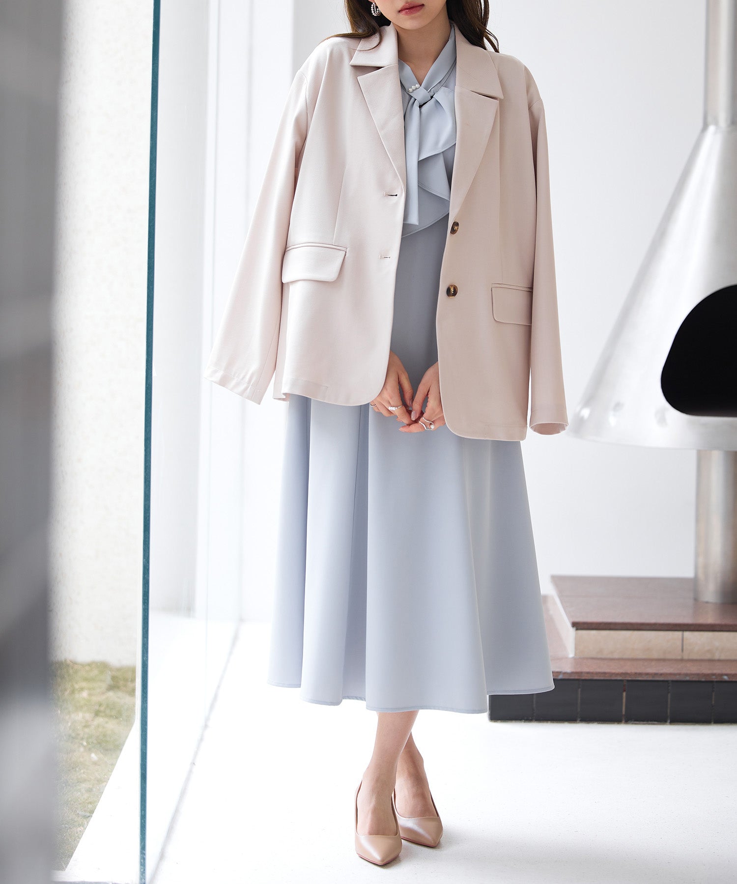 異素材ドッキングボウタイワンピースsdp0299 ブルーグレー