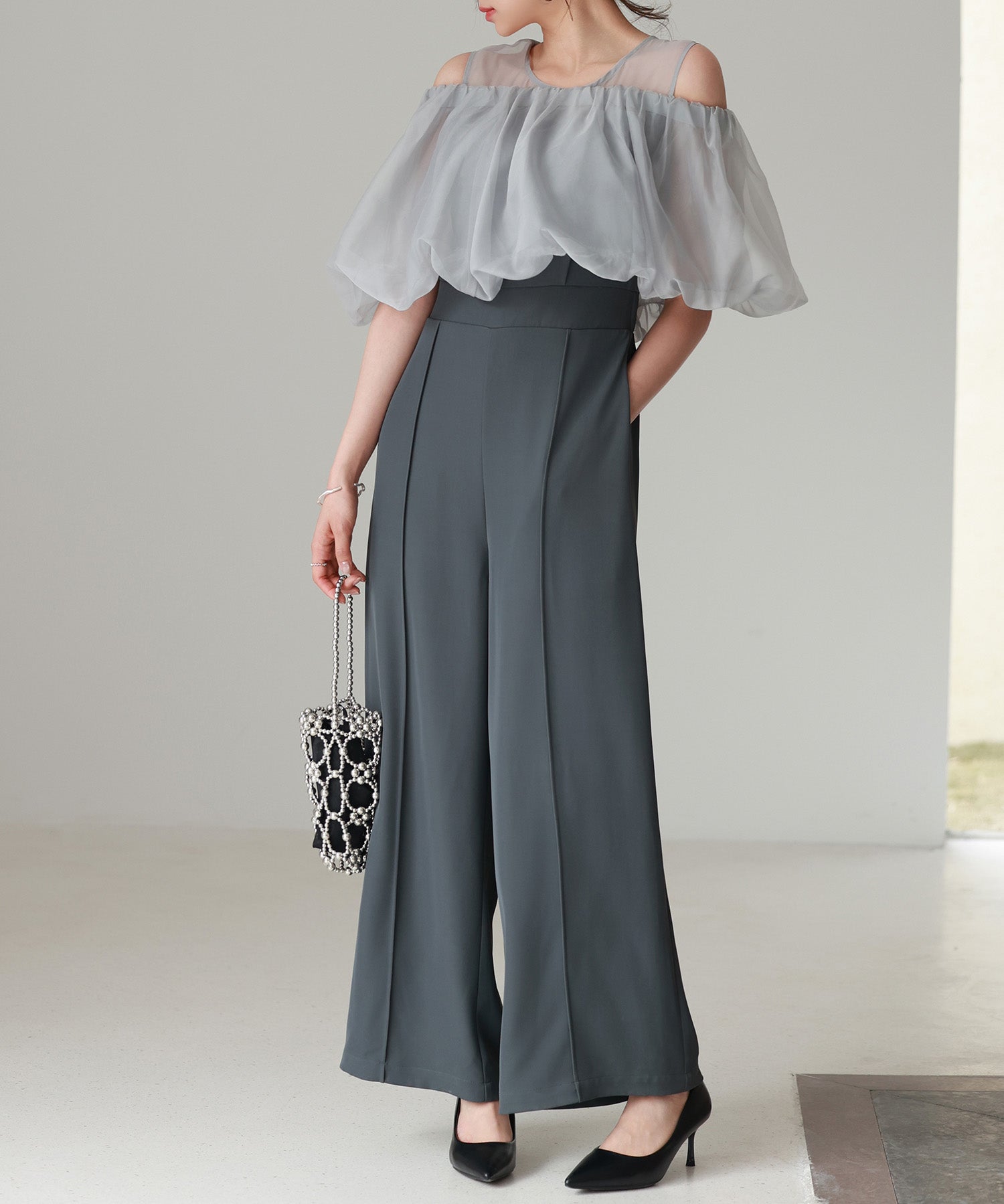 オーガンジートップスとオールインワンの2点セットsdp0300 チャコール