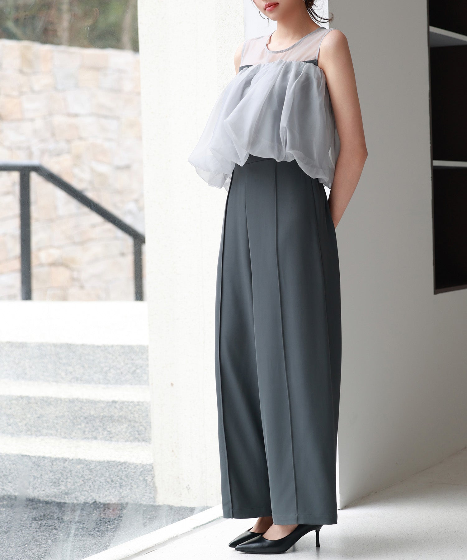 オーガンジートップスとオールインワンの2点セットsdp0300 チャコール