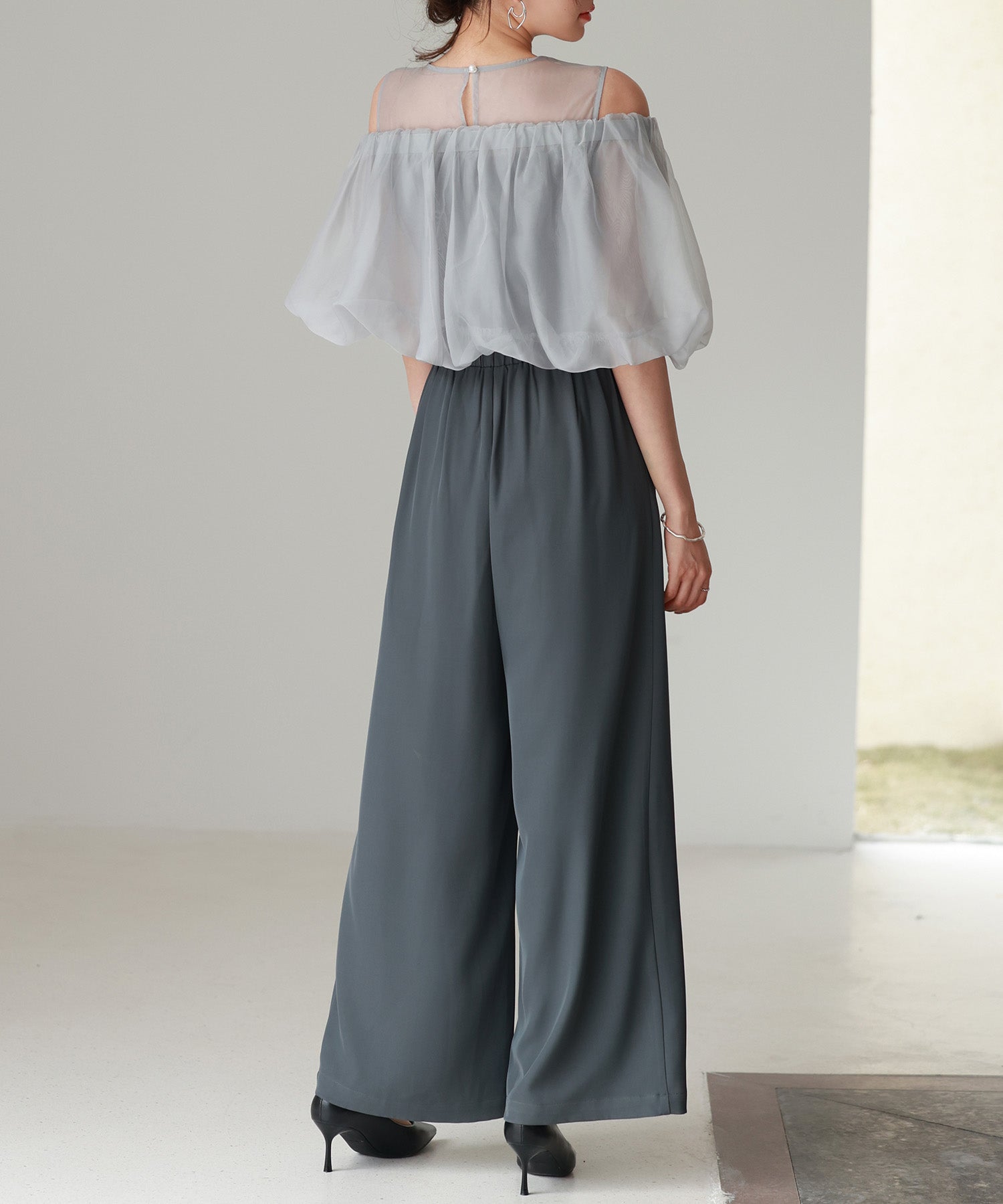 オーガンジートップスとオールインワンの2点セットsdp0300 チャコール