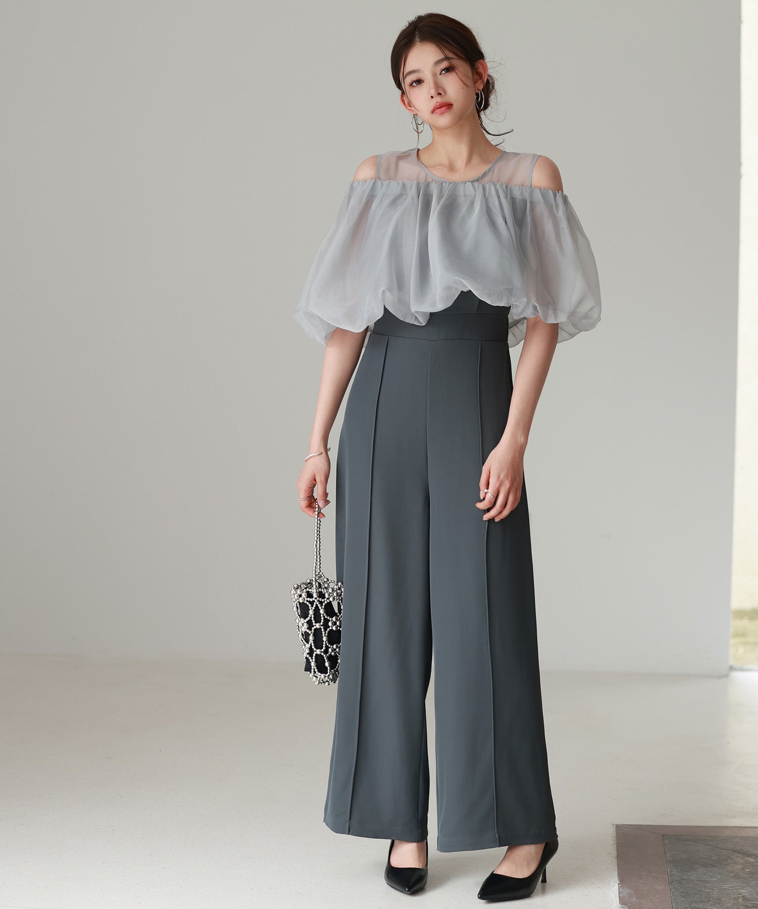 オーガンジートップスとオールインワンの2点セットsdp0300 チャコール