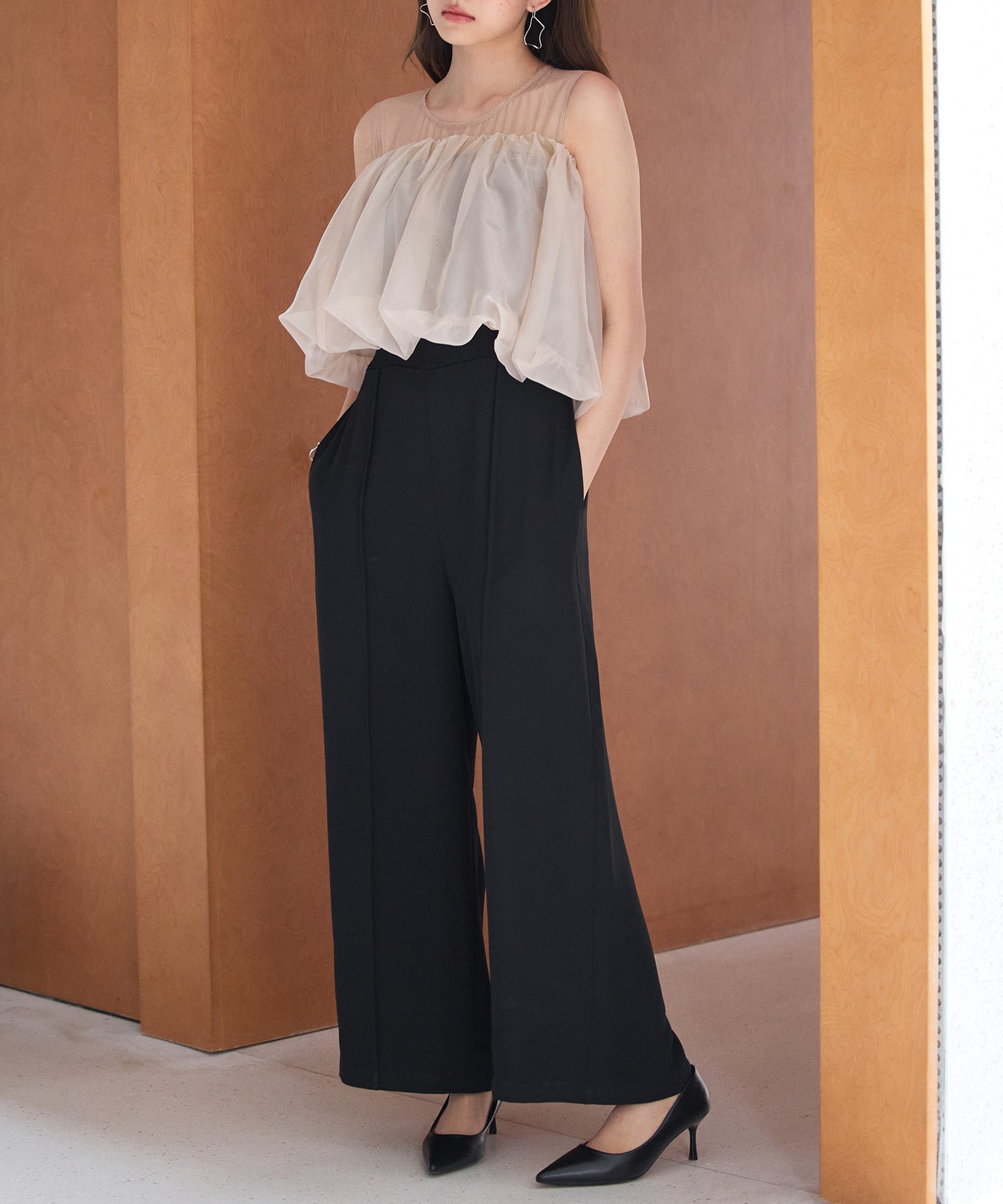 オーガンジートップスとオールインワンの2点セットsdp0300 ブラック