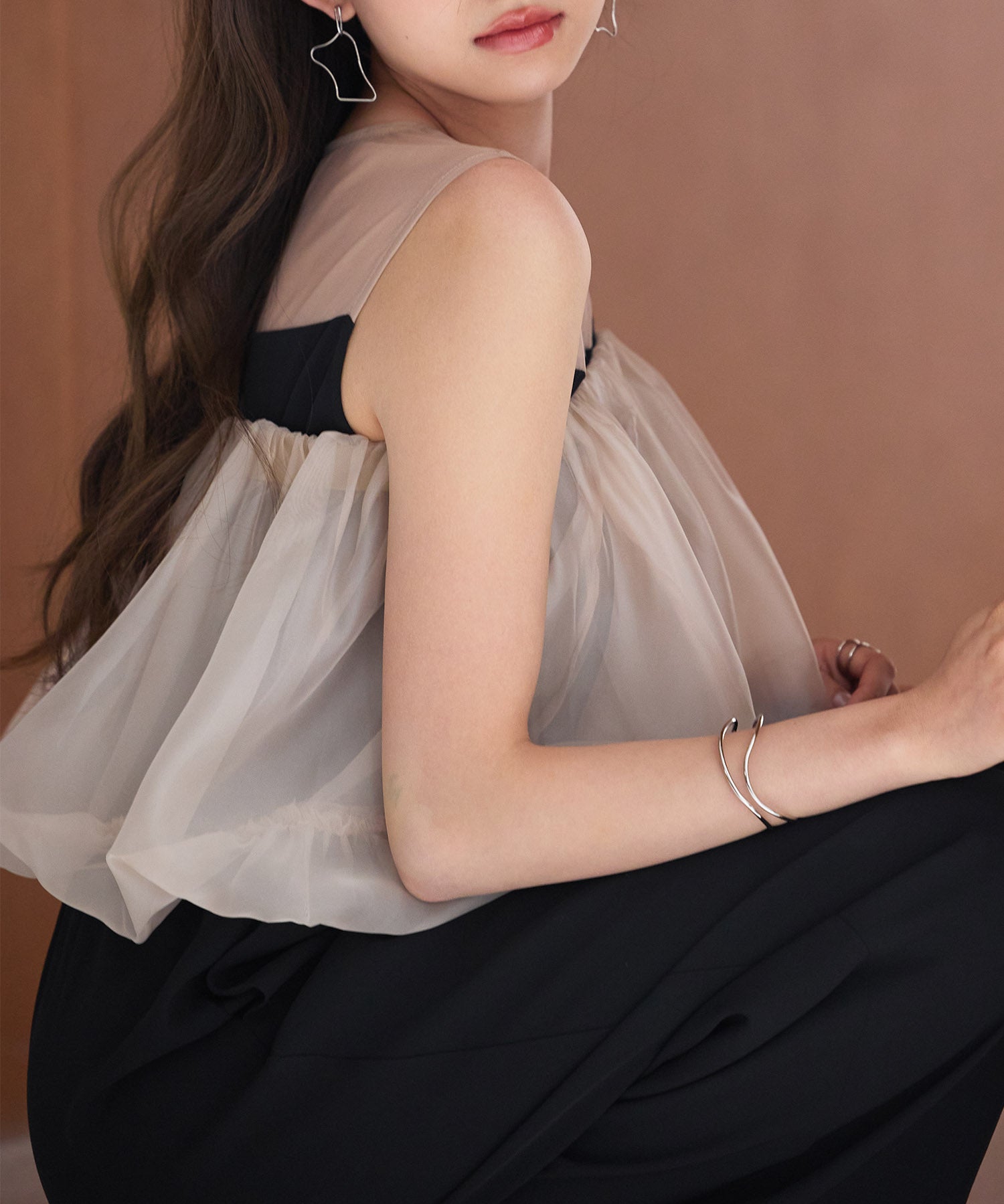 オーガンジートップスとオールインワンの2点セットsdp0300 ブラック