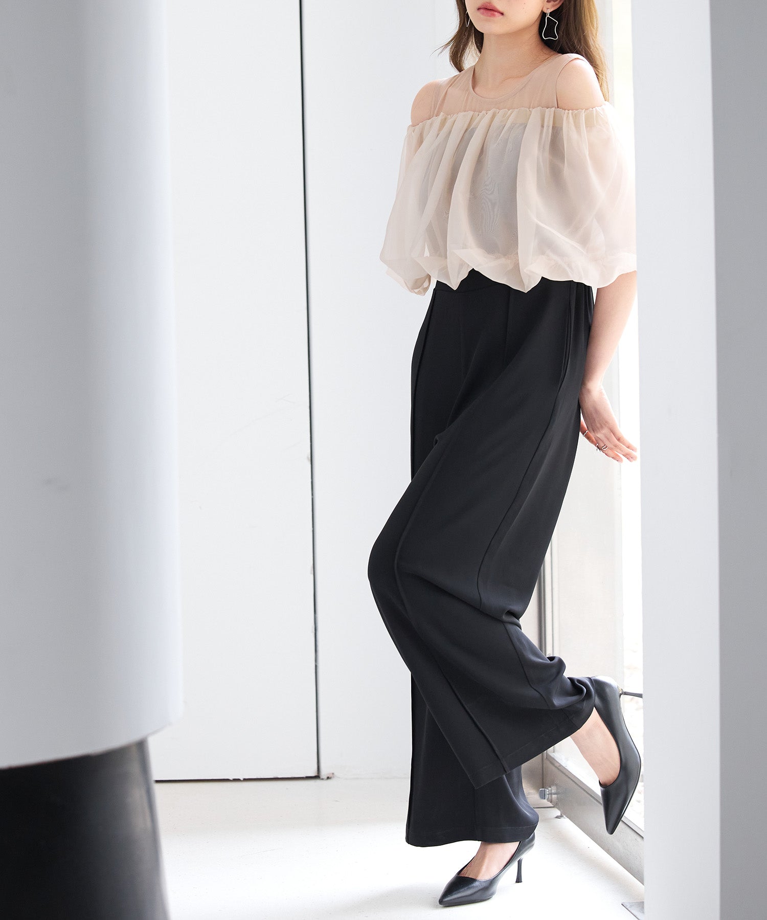 オーガンジートップスとオールインワンの2点セットsdp0300 ブラック