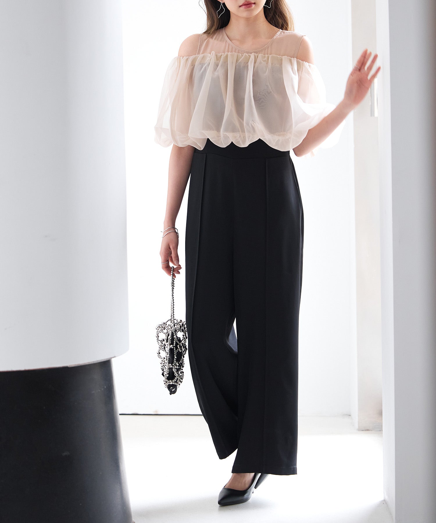 オーガンジートップスとオールインワンの2点セットsdp0300 ブラック