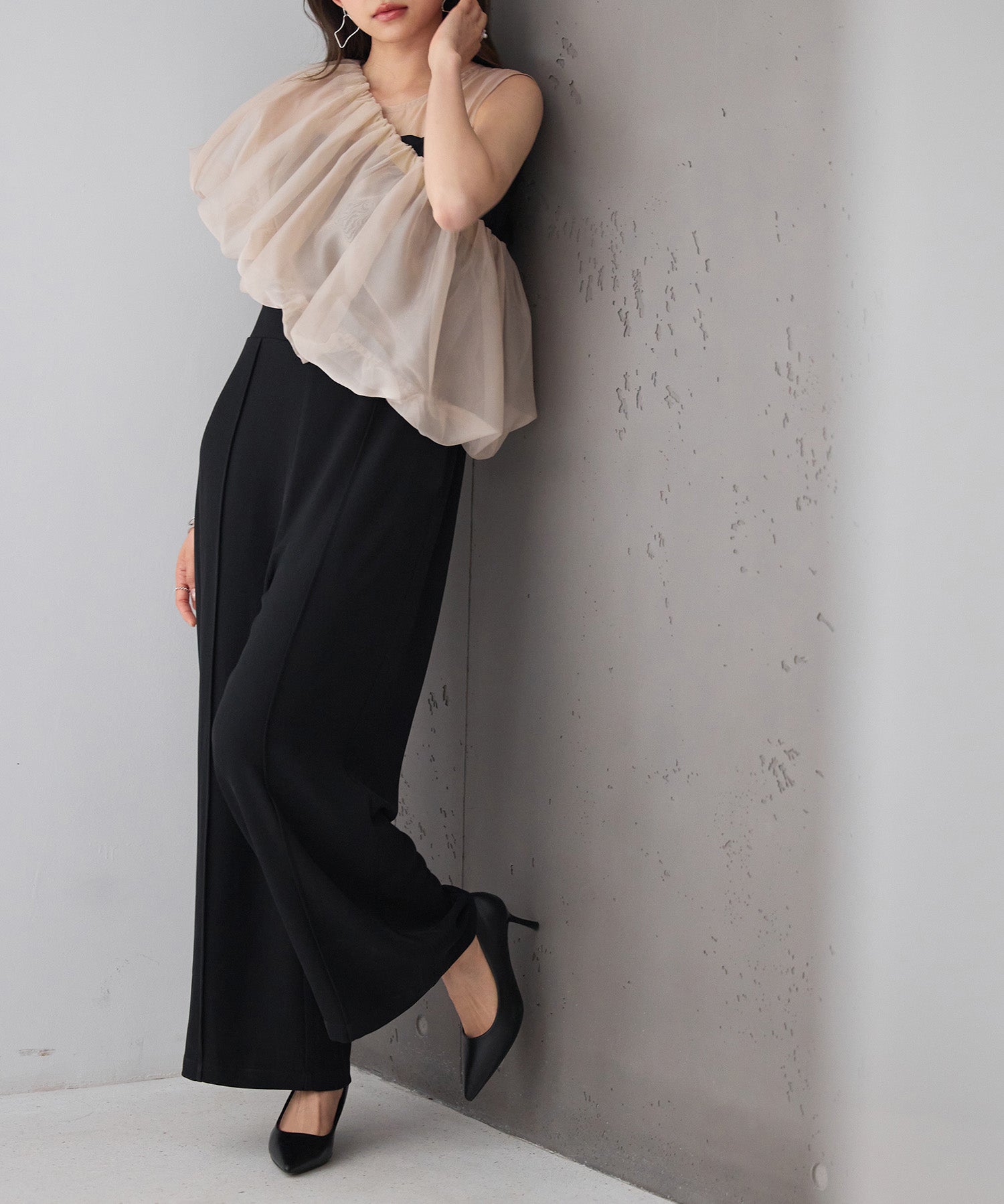 オーガンジートップスとオールインワンの2点セットsdp0300 ブラック