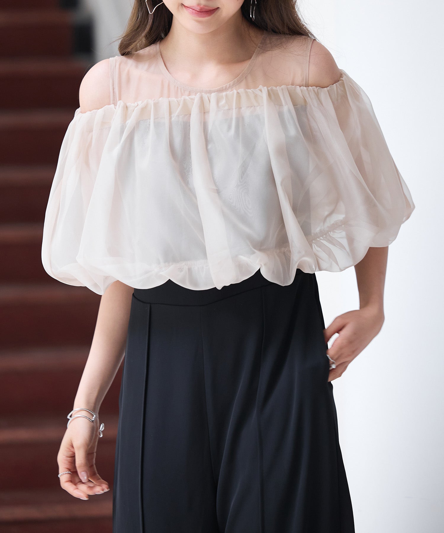 オーガンジートップスとオールインワンの2点セットsdp0300 ブラック