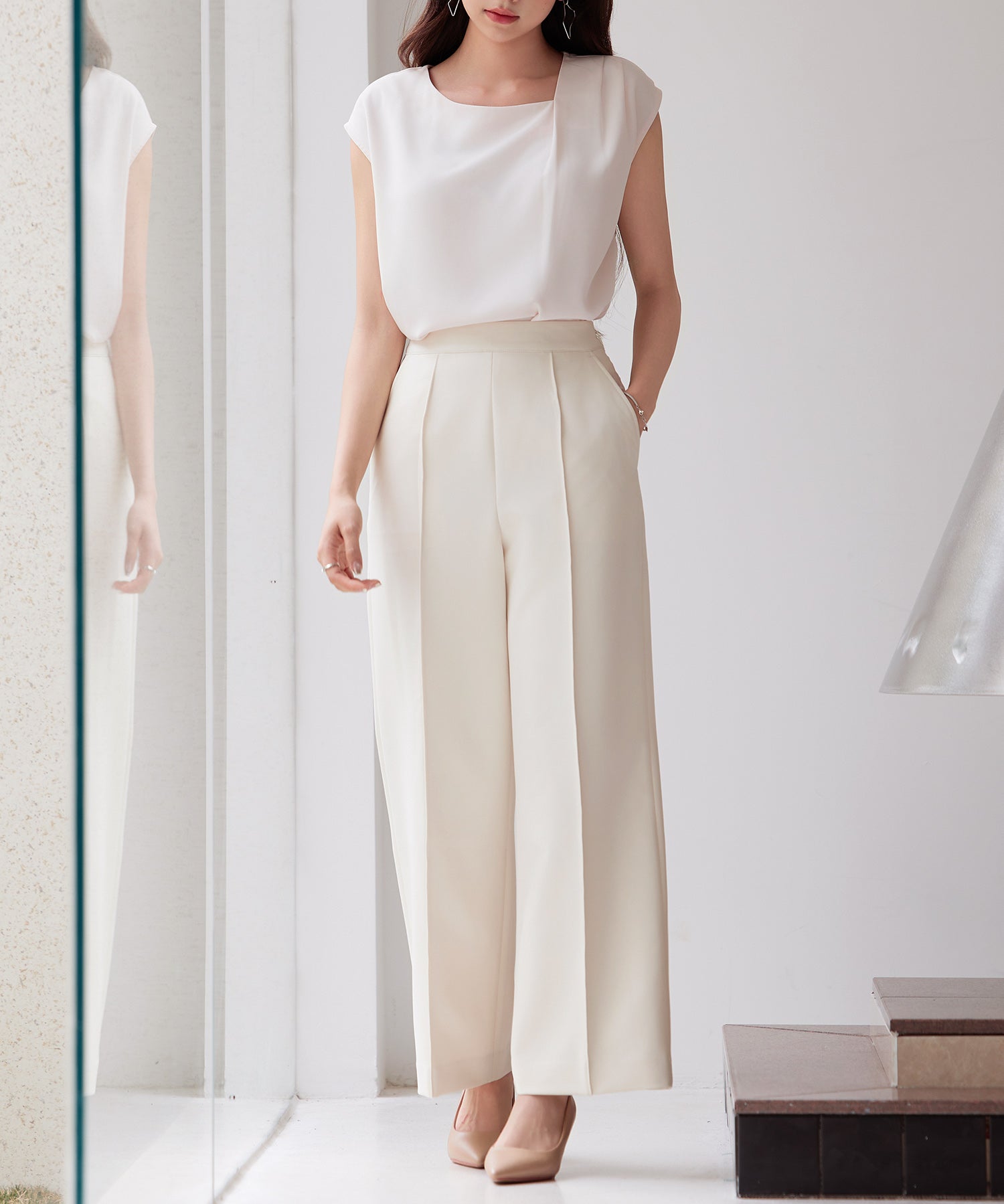 アシンメトリフレンチスリーブブラウスsdp0301 ピンクベージュ