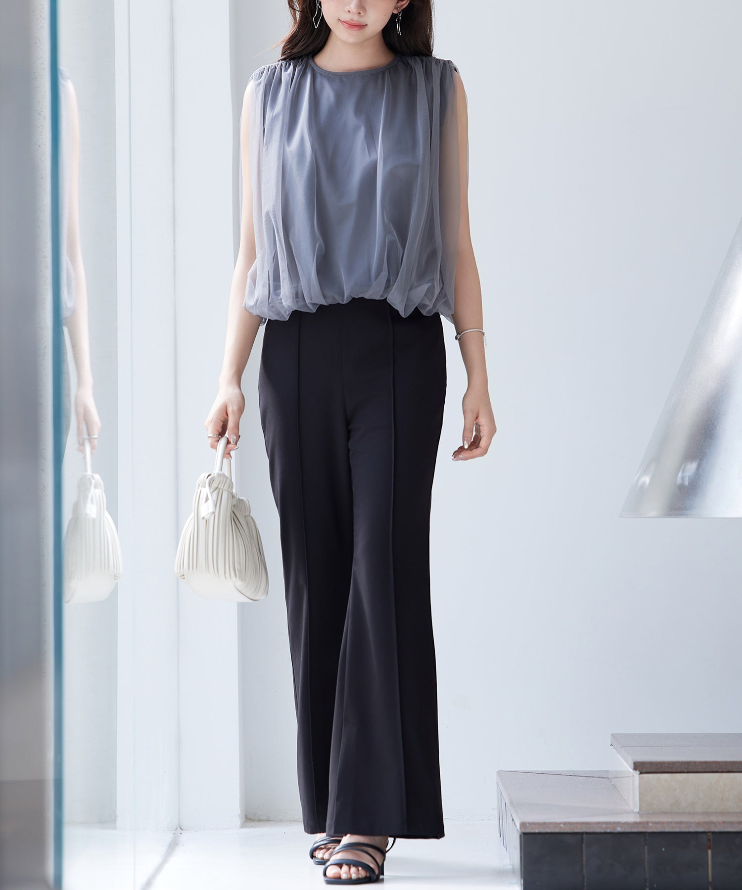 ふんわりチュールノースリーブブラウスsdp0303 チャコール