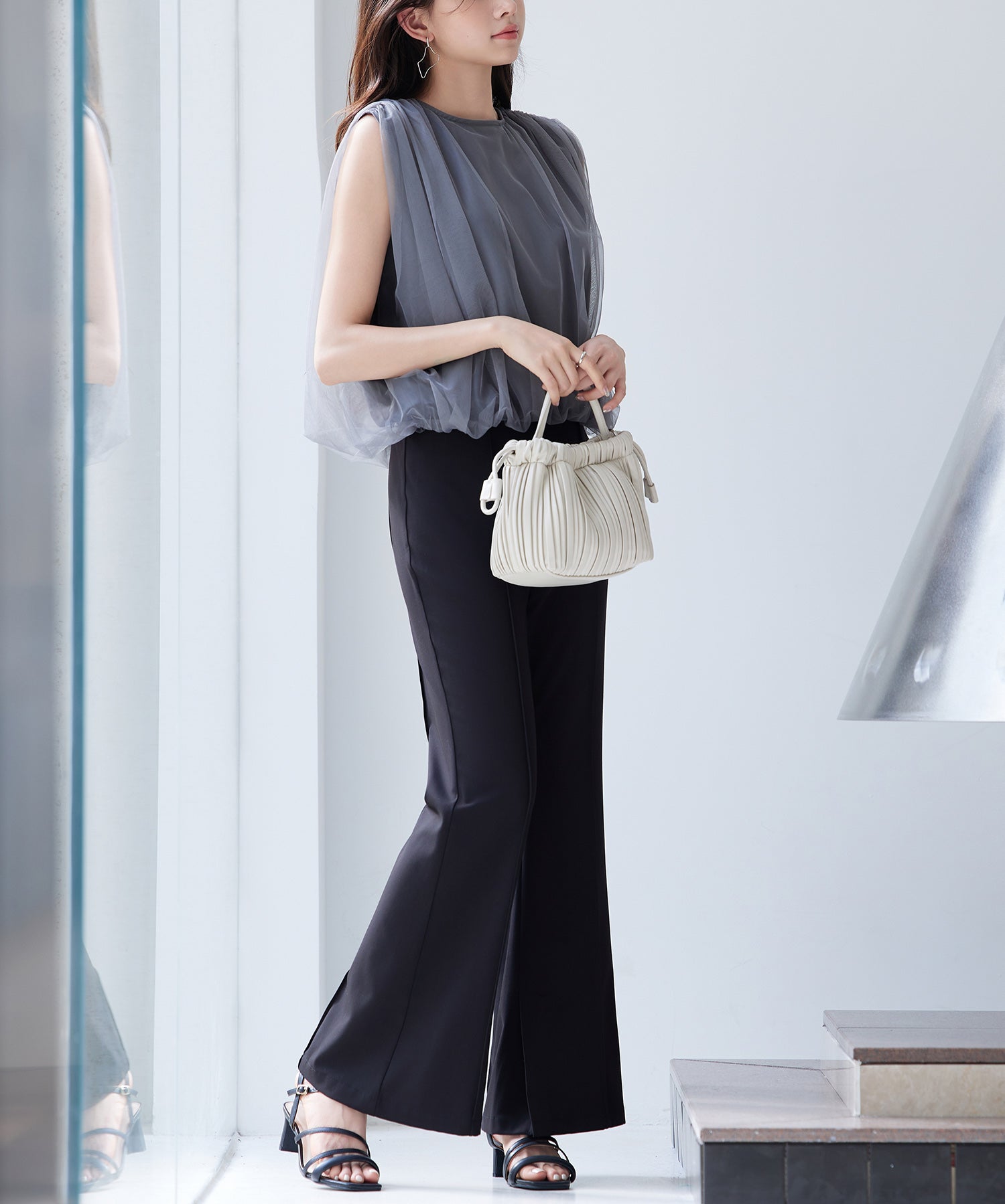 ふんわりチュールノースリーブブラウスsdp0303 チャコール