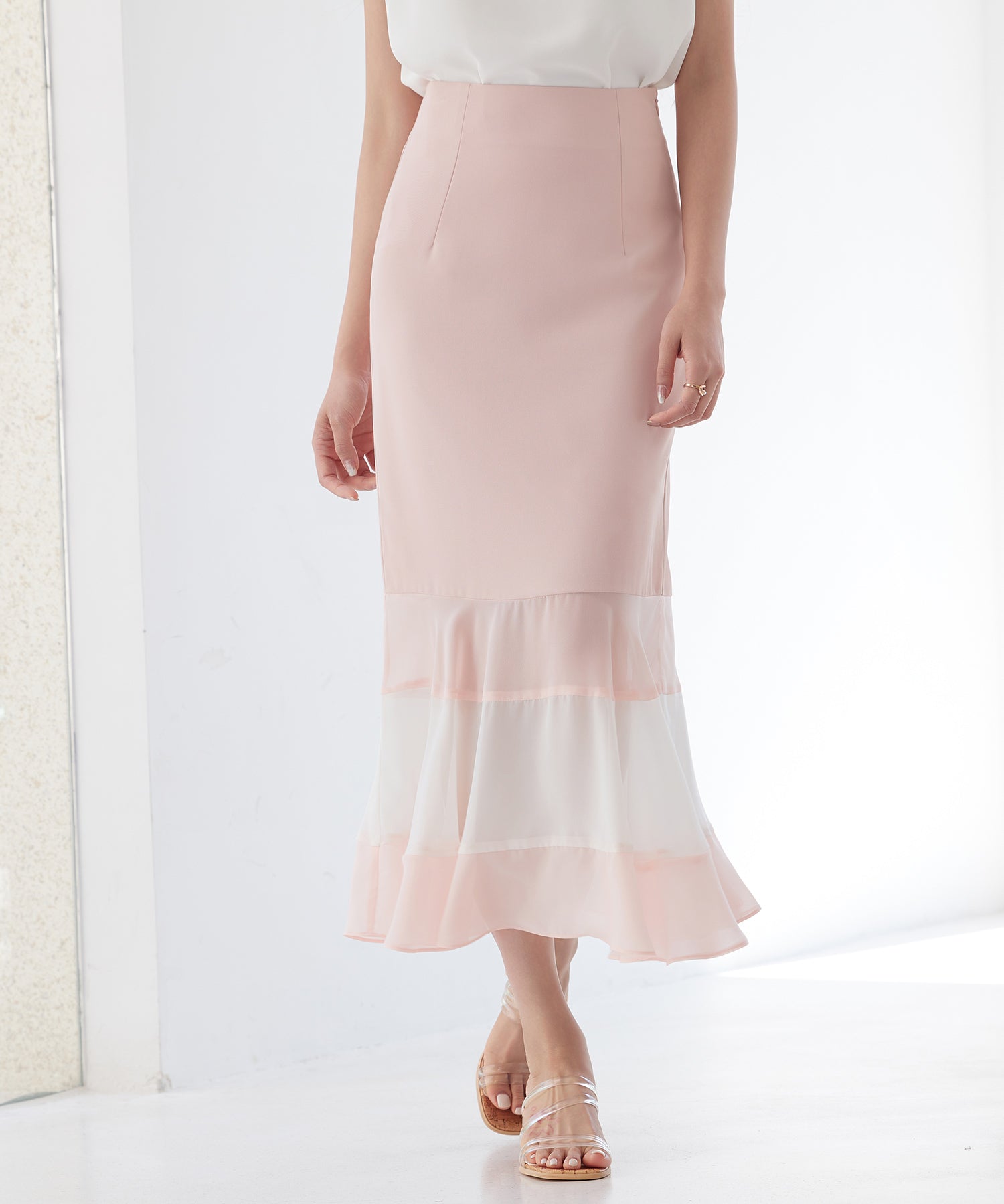 配色裾ハイウエストバックゴムスカートsdp0305 ピンク