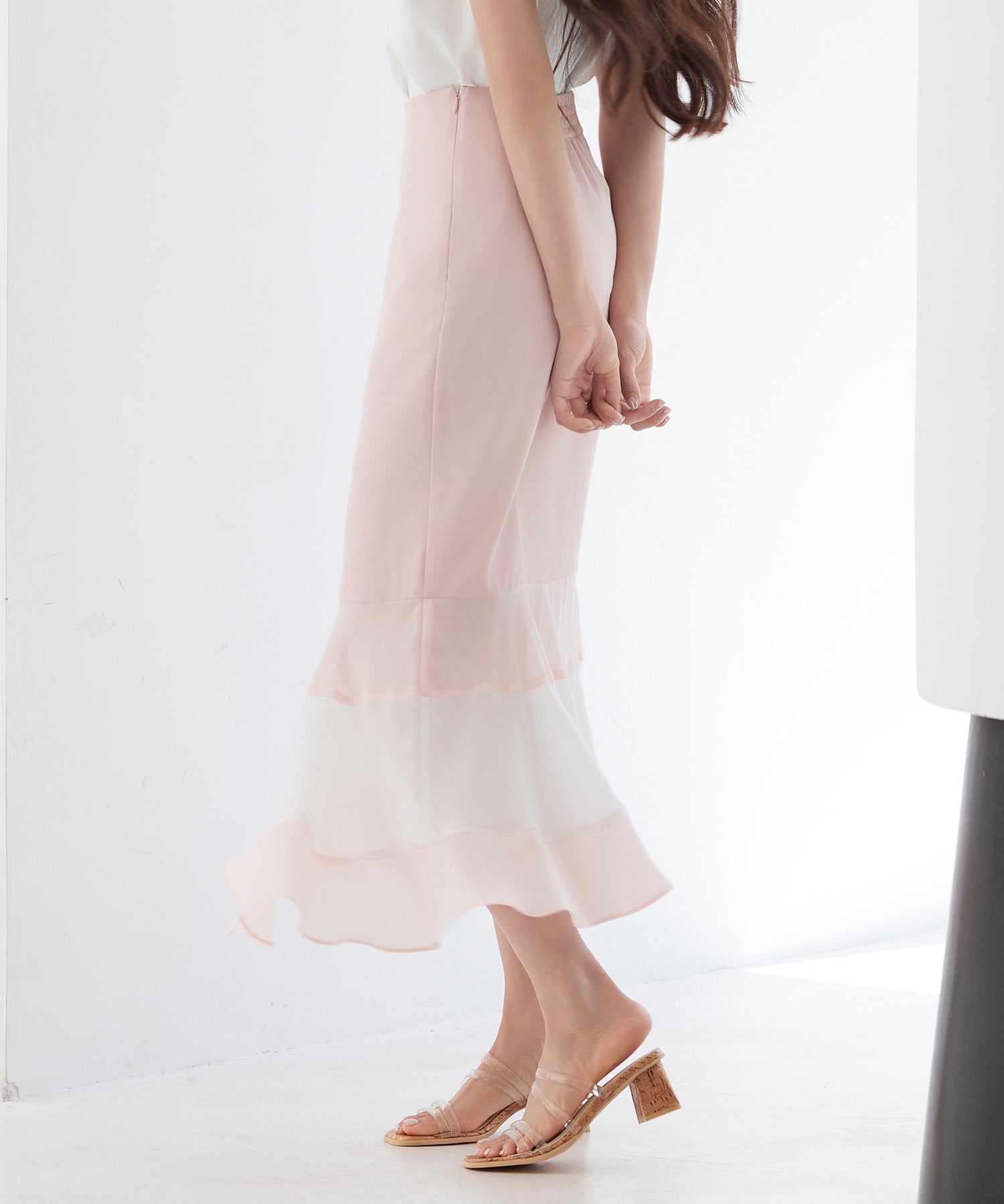 配色裾ハイウエストバックゴムスカートsdp0305 ピンク