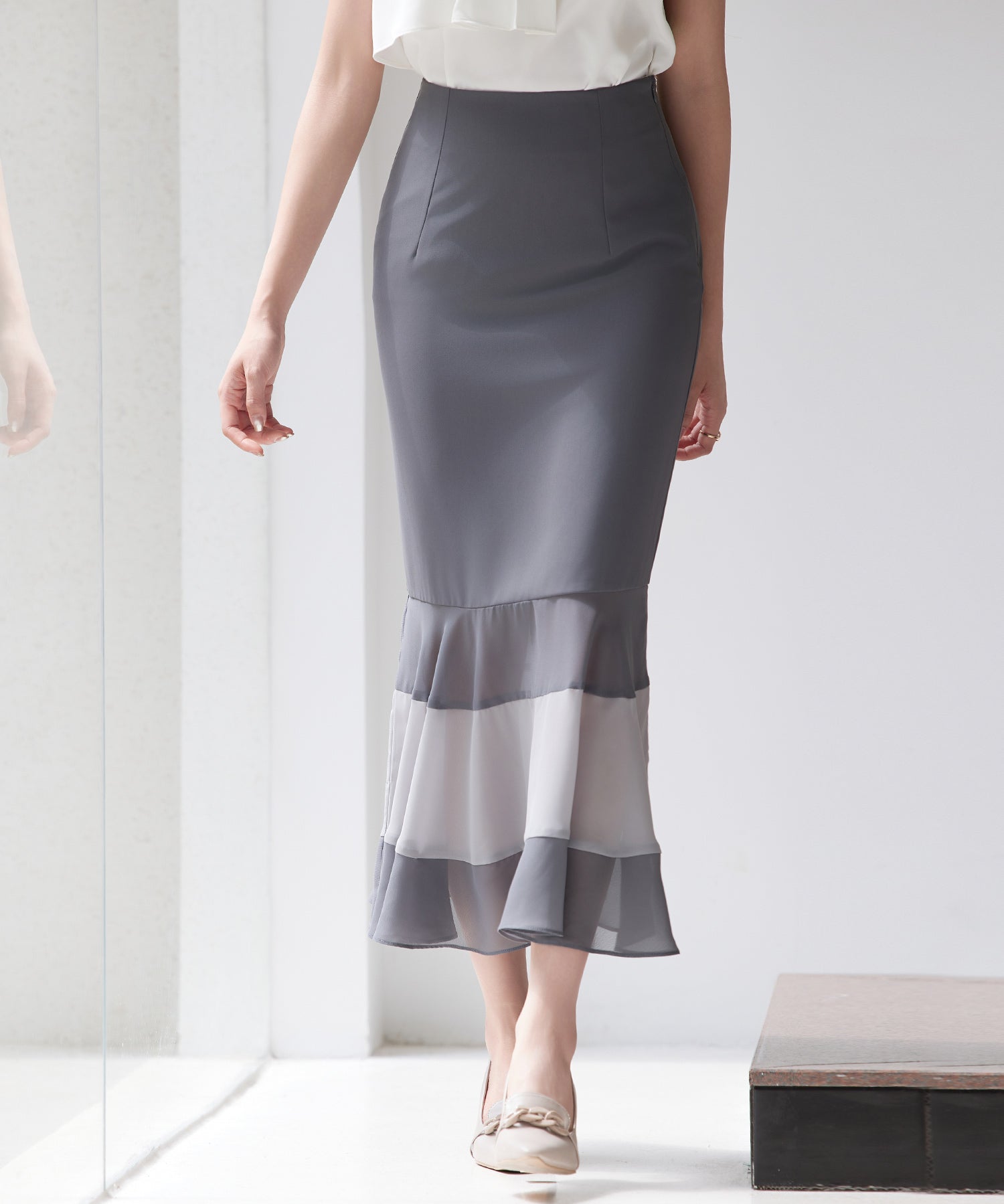 配色裾ハイウエストバックゴムスカートsdp0305 チャコール