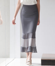 配色裾ハイウエストバックゴムスカートsdp0305 チャコール