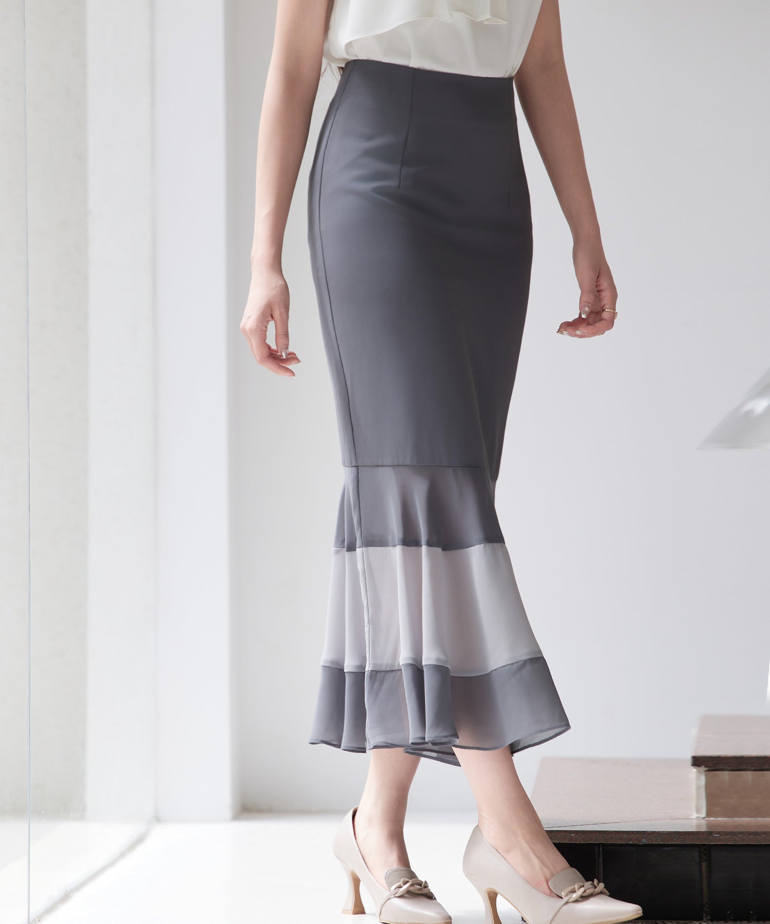 配色裾ハイウエストバックゴムスカートsdp0305 チャコール