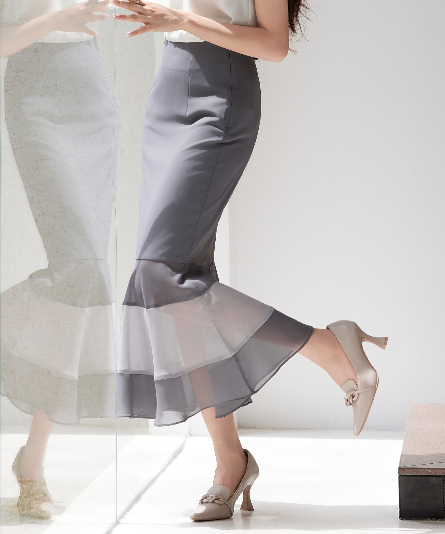 配色裾ハイウエストバックゴムスカートsdp0305 チャコール