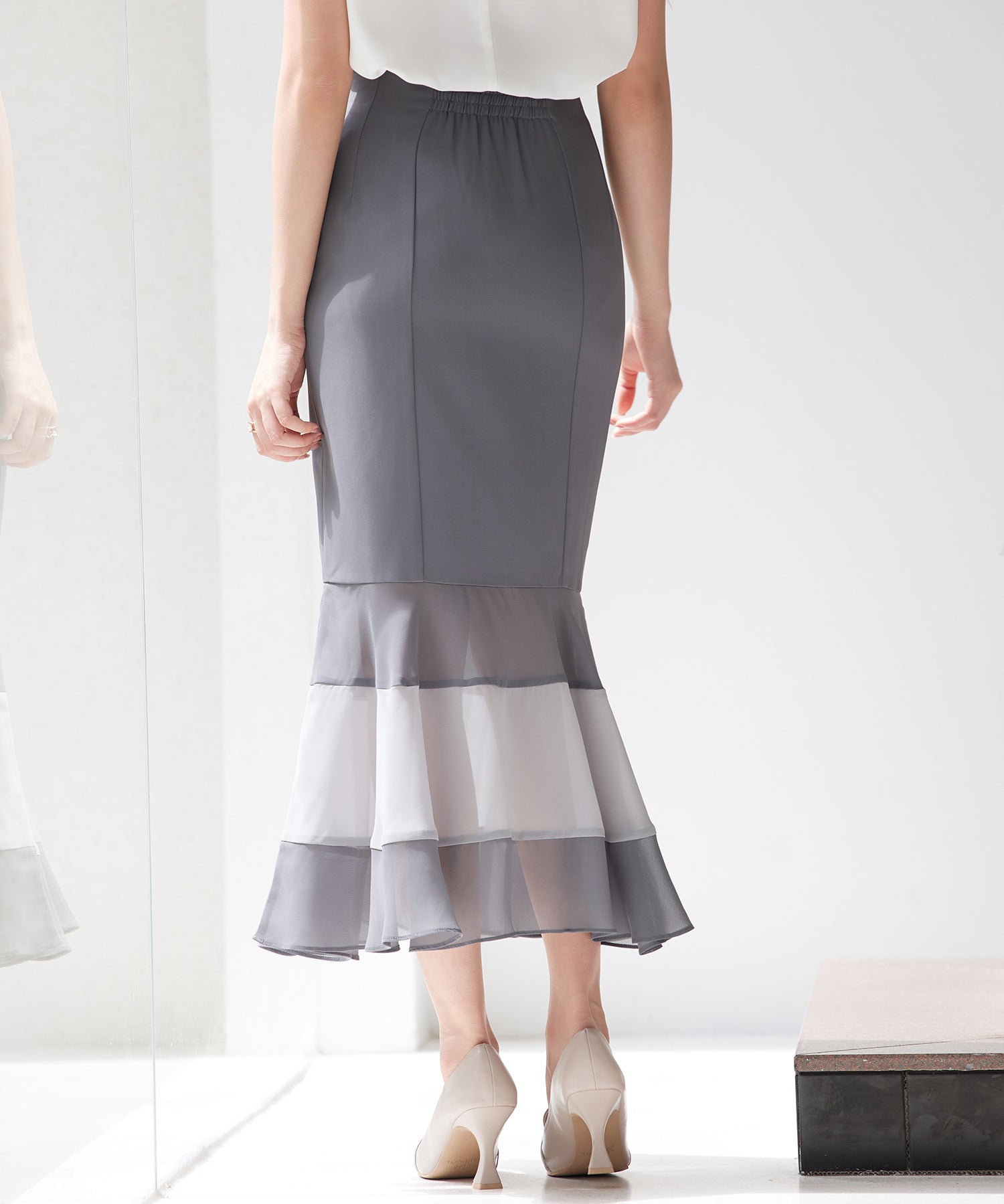 配色裾ハイウエストバックゴムスカートsdp0305 チャコール