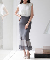 配色裾ハイウエストバックゴムスカートsdp0305 チャコール