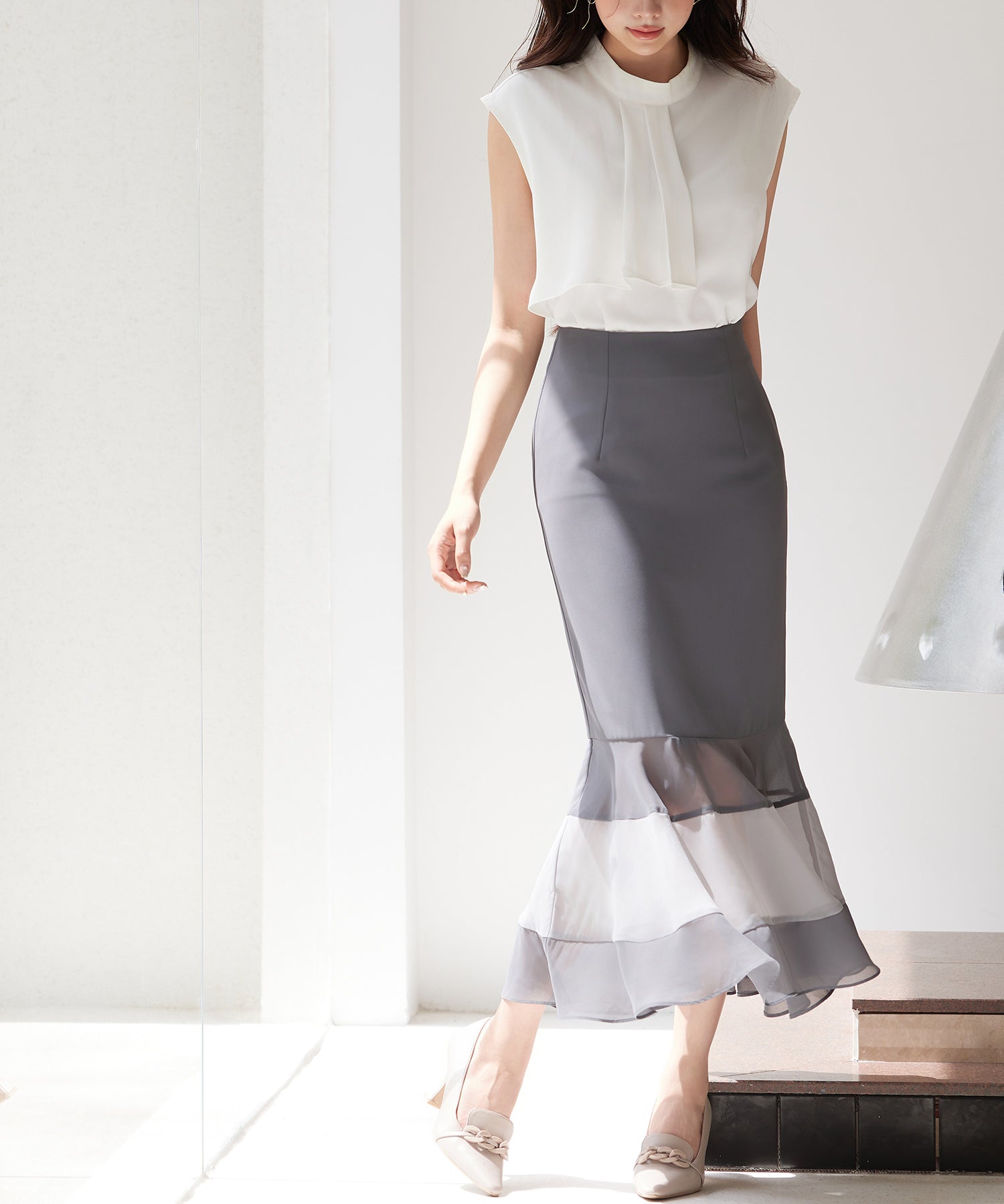 配色裾ハイウエストバックゴムスカートsdp0305 チャコール