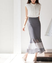 配色裾ハイウエストバックゴムスカートsdp0305 チャコール