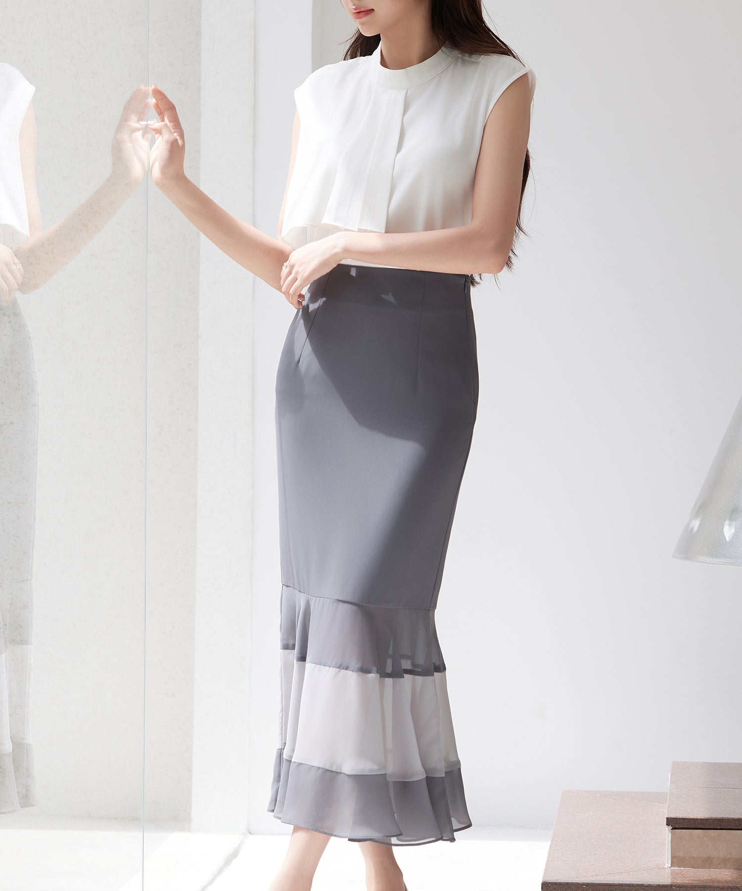 配色裾ハイウエストバックゴムスカートsdp0305 チャコール