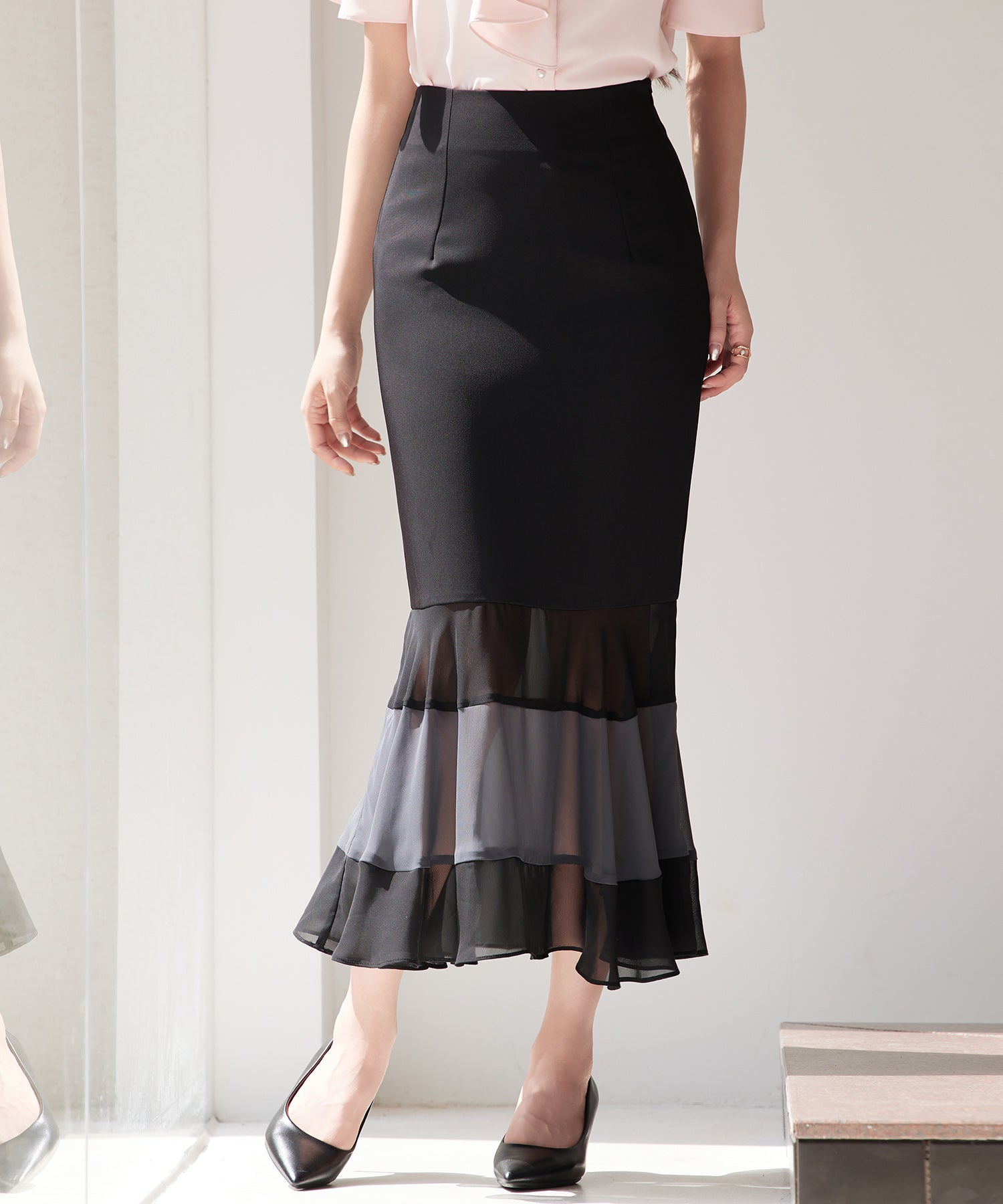 配色裾ハイウエストバックゴムスカートsdp0305 ブラック – [公式