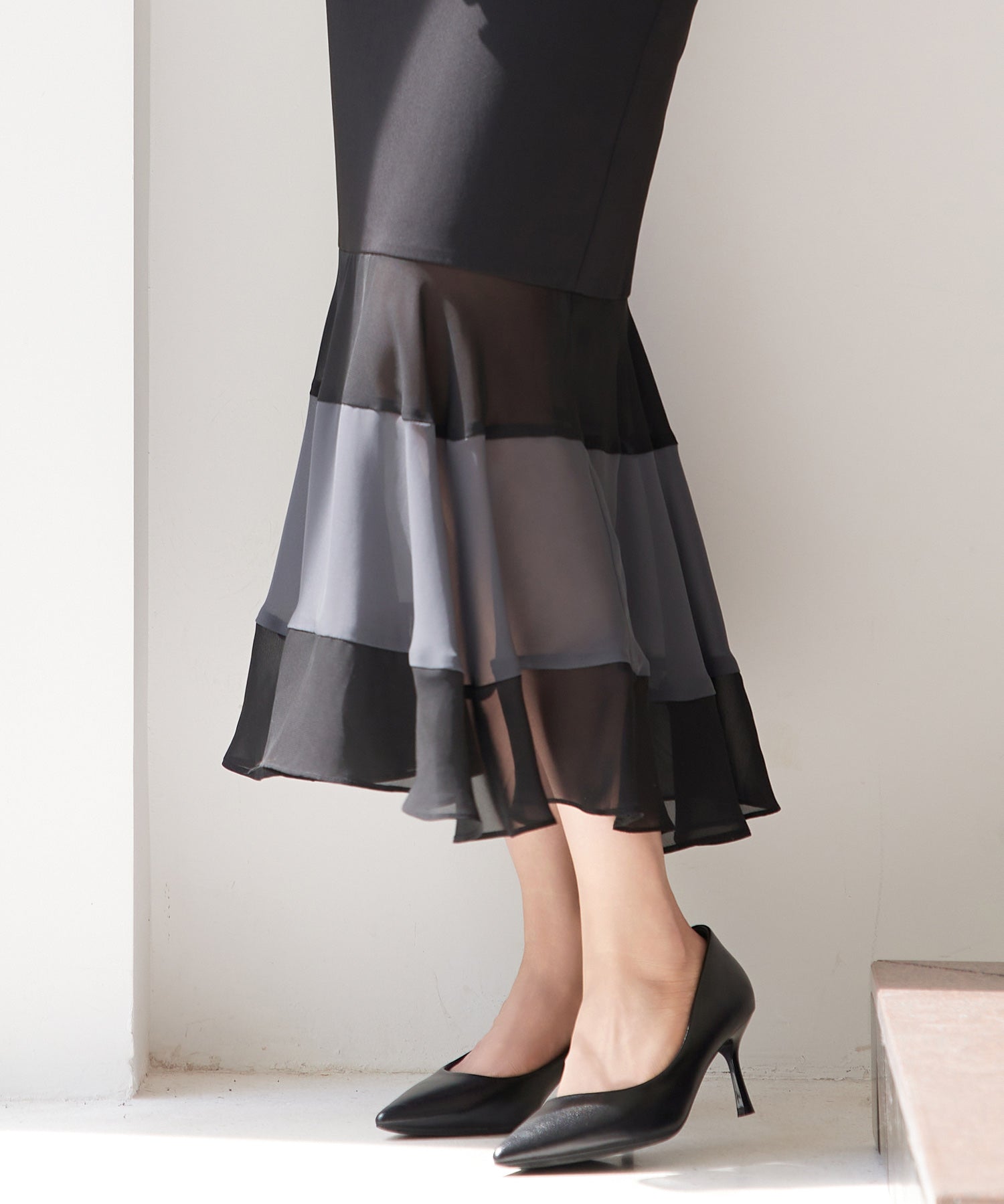 配色裾ハイウエストバックゴムスカートsdp0305 ブラック