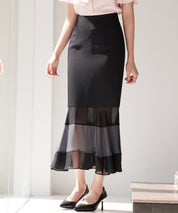 配色裾ハイウエストバックゴムスカートsdp0305 ブラック