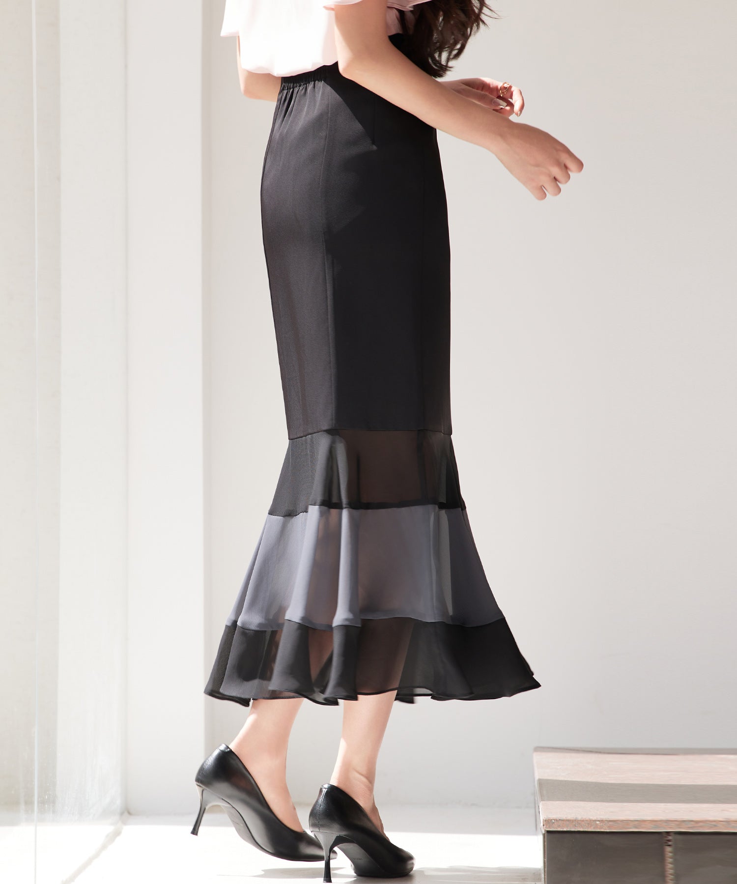 配色裾ハイウエストバックゴムスカートsdp0305 ブラック